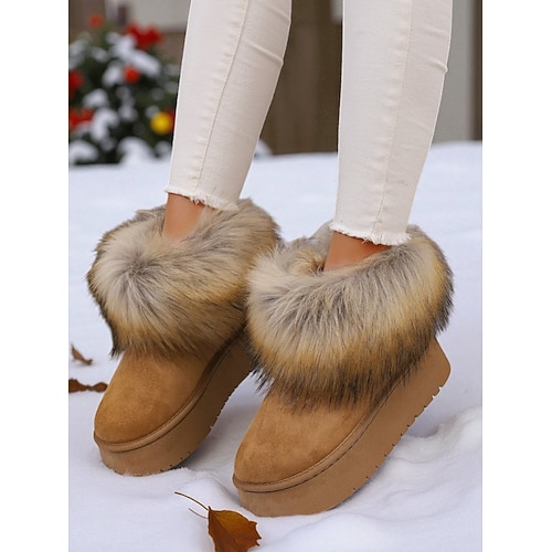 Damen-Plateau-Ankle-Boots aus Kamelhaar mit Kunstfellbesatz – warme Winterstiefel mit dicker Sohle und flauschigem Besatz für Spaziergänge im Freien und Outfits bei kaltem Wetter Image