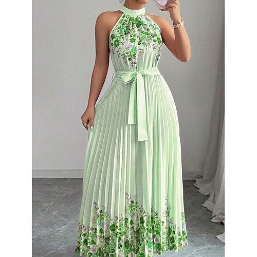 Damen Maxikleid A Linie Kleid Halterkleid Urlaub Lässig Outdoor Ausgehen Normale Passform Blumen Grafik Ärmellos Neckholder Blau Rosa Purpur Grün Sommer Frühling Image