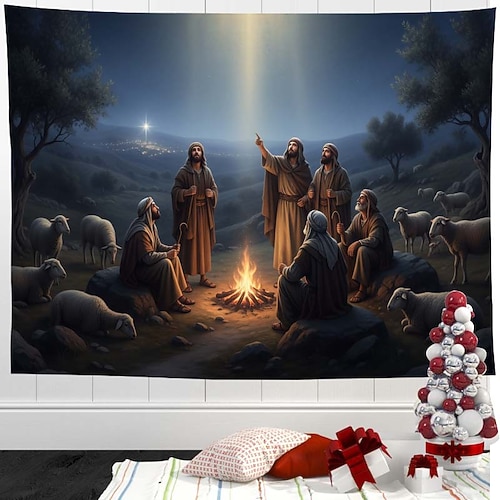 Weihnachtskrippen-Wandteppich – Wandbehang mit Krippenszene, religiöse Weihnachtsdekoration für Wohnzimmer, Schlafzimmer Image