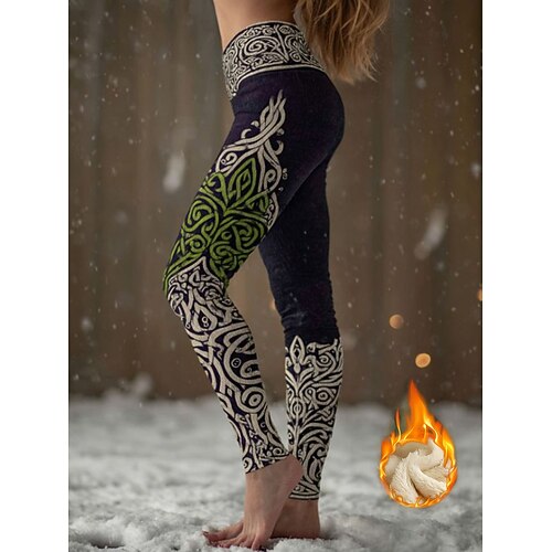 Damen Viking Boho Fleecegefütterte Leggings Urlaub Vintage Ethno-Stil Volleng Mittelhoher Bund Grafisch Abstrakt Dehnbar Outdoor Winter Blau Herbst Winter Image