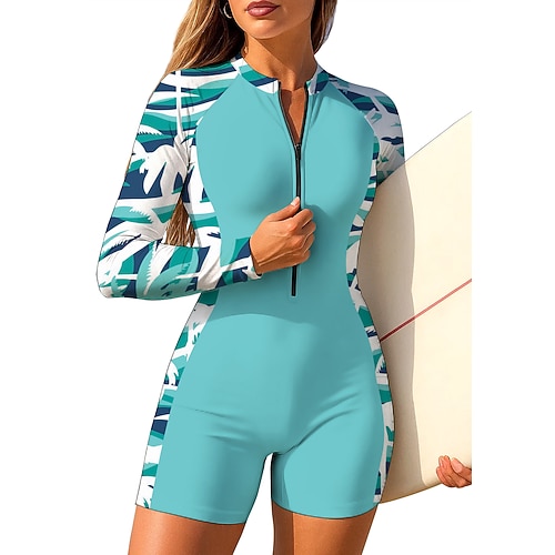 Damen Anti UV Shirt Einteiliger Surfanzug Badeanzug Geometrisch Tropisch Farbblockierung Reißverschluss mit integriertem BH Herausnehmbare Polsterung UV-Sonnenschutz UPF50 Ultraleicht (UL) Langarm Image