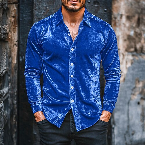 Herren Hemd Freizeithemd Weihnachts-Shirt Samthemd Wein Königliches Blau Langarm Einfarbig Einfach Hemdkragen Lässig Täglich Knöpfe Bekleidung Samt Weihnachten Elegant Warm Aktiv Image