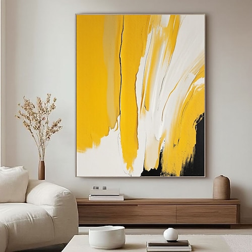 Großes, handgemaltes abstraktes Leinwandbild in Gelb, Weiß und Schwarz, handgefertigtes Acryl-Ölgemälde für moderne Wohnzimmerdekoration, zeitgenössisches Wandbild, Wandkunstbild Image