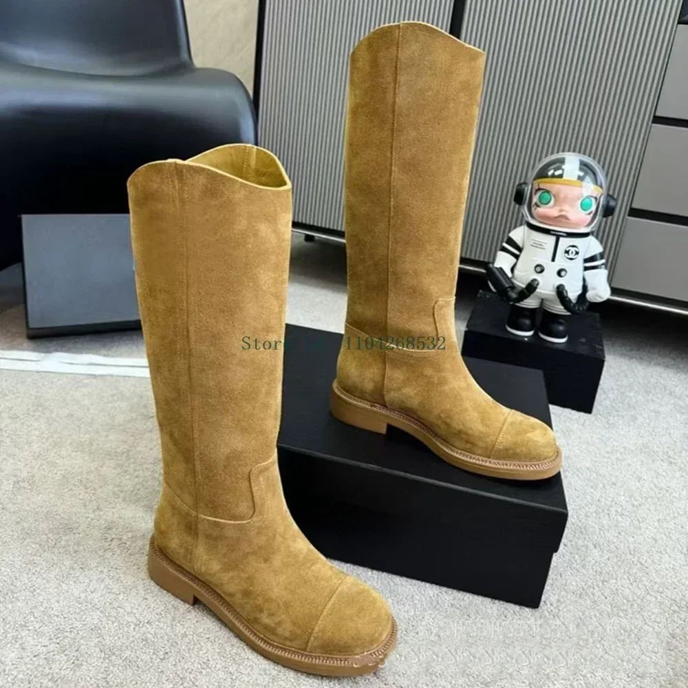 Wildleder Nähen Kniehohe Reitstiefel Sexy Runde Kappe Quadratische Ferse Solide Slip Auf Neue Ankünfte Mode Frauen Motorrad Stiefel Image