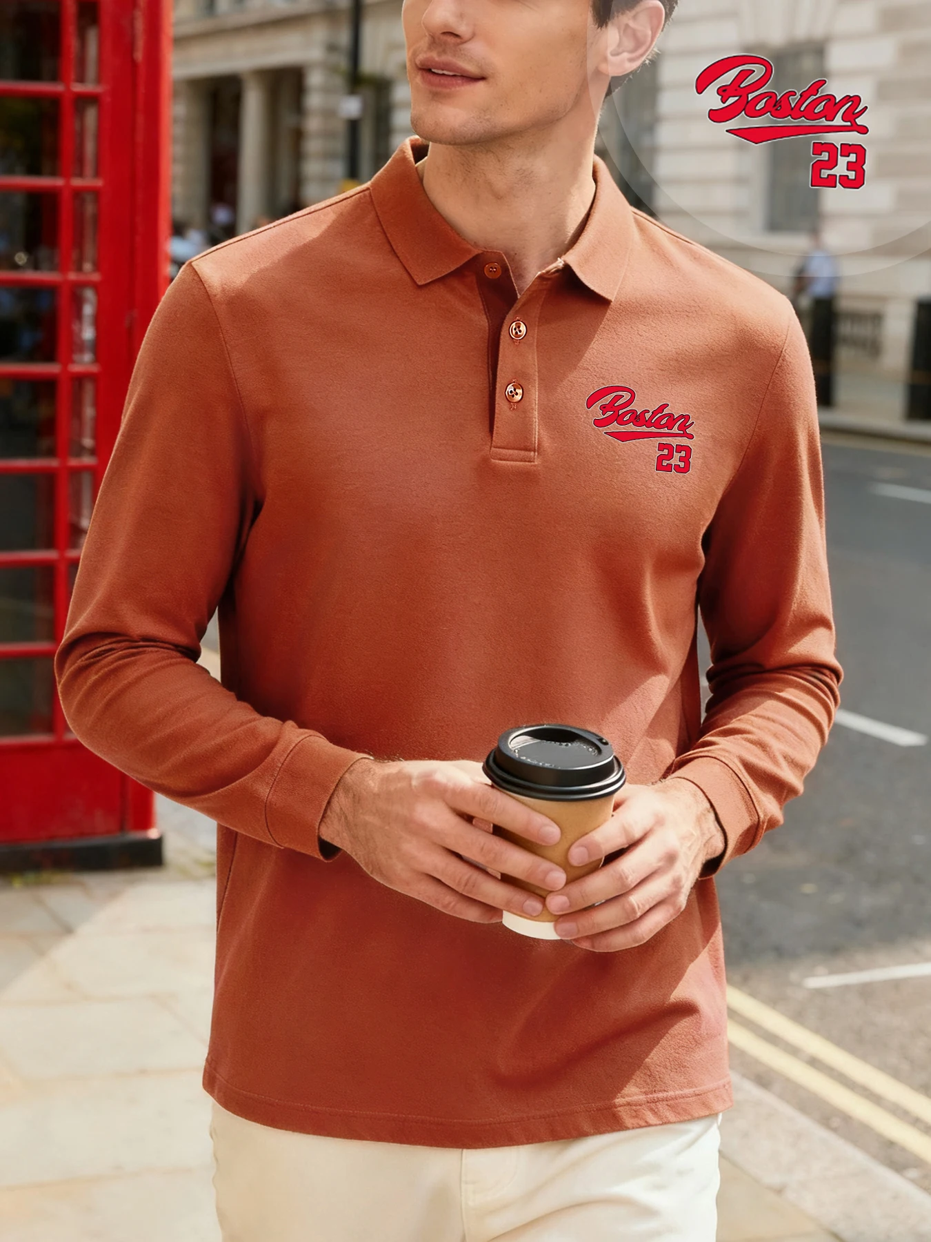 Boston 23-Buchstaben-Druck, Herren-Businesswear, modisches Revers-Poloshirt, lässig, weich, langärmelig, Unisex, Basics, All-Match-Kleidung Image