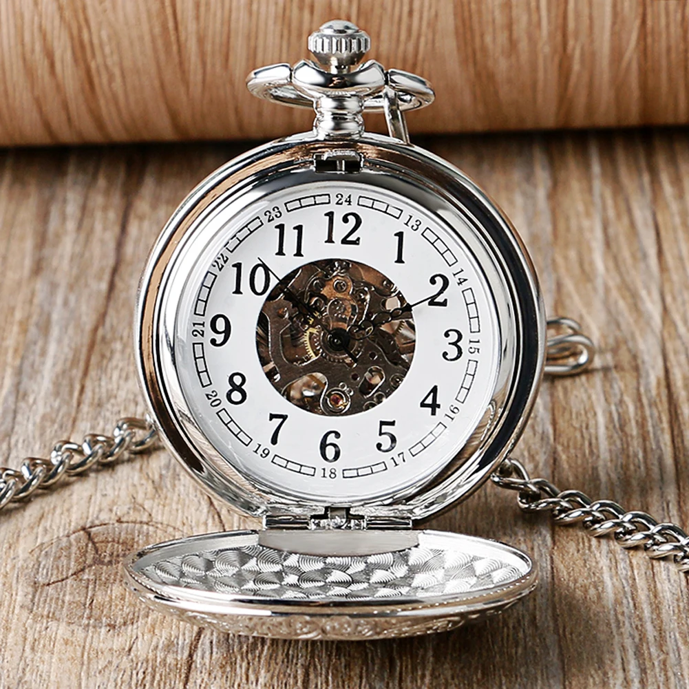 Vintage Elegante Silber Manuelle Mechanische Taschenuhr männer Fob Kette Arabischen Ziffern Zifferblatt Anhänger Taschenuhr Retro Geschenk Männlich
