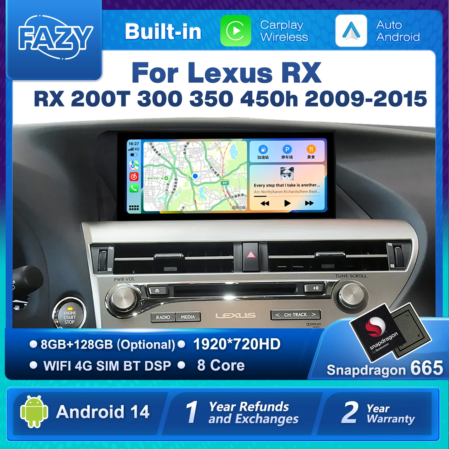 10,25 ''Android 14 Carplay Auto Radio Bildschirm Für Lexus RX RX270 RX350 RX450 RX200T RX450H 2009-2015 Video multimedia Navigation Image