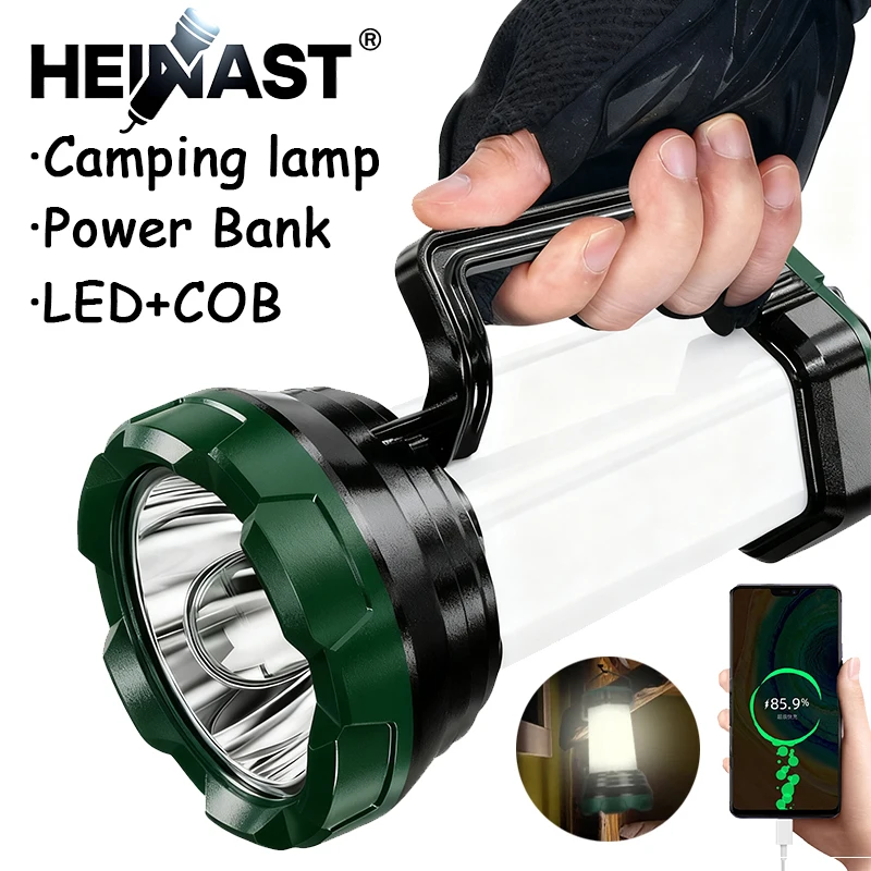 Tragbare leistungsstarke LED-Taschenlampe mit COB-Campinglampe, wiederaufladbare USB-Handtaschenlampen, Notfall-Powerbank-Taschenlampe für den Außenbereich