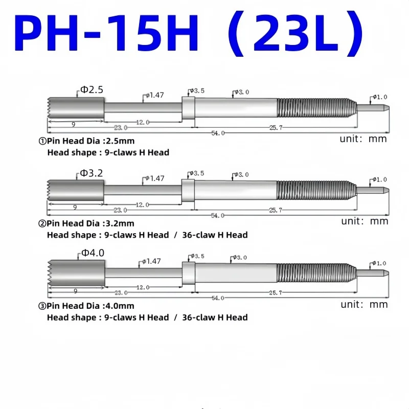 10/50PCS PH-15H 23L Länge Frühling Test Sonde lCT Test Pin Für PCB Test 9 Krallen H Kopf 36 Krallen H Spitze Kopf Durchmesser 2,5mm 3,2mm 4,0mm Image