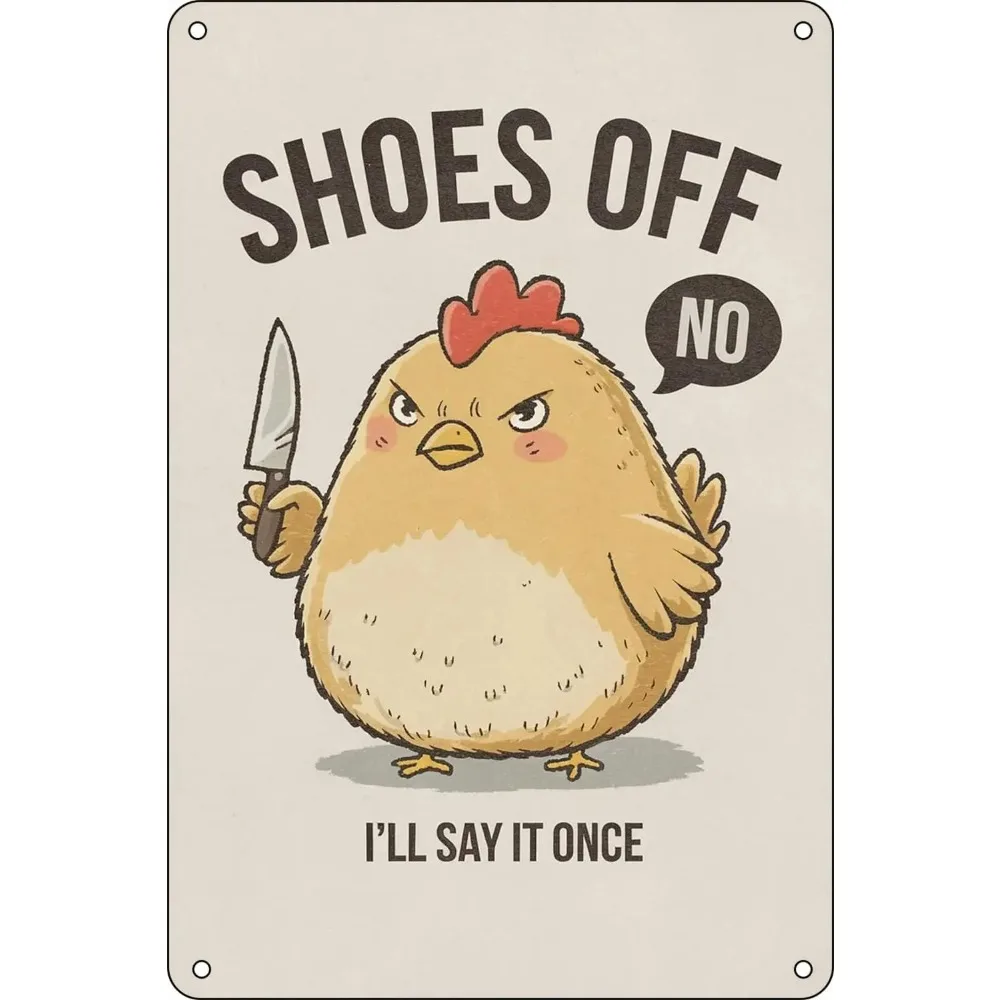 ShoesOffFrontDoorSign 1x „Shoes Off I'll Say It Once“ Blechschild – Chicken Lover No Shoe Sign, Front Door Decor