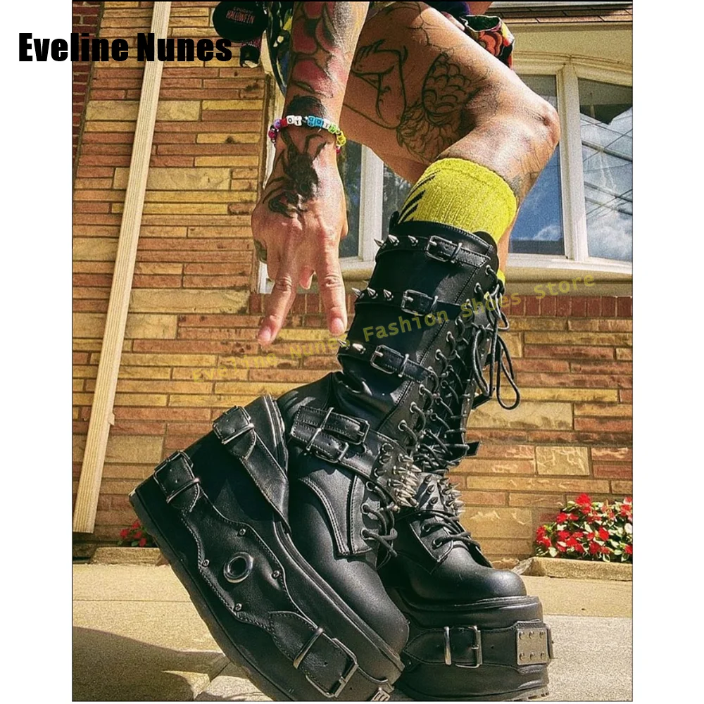 Metall Nieten Schaukel Plattform Stiefel Runde Kappe Keil Kreuz Gebunden Gürtel Schnalle Punk Motorrad Stiefel Gothic Stil Schwere Arbeit Schuhe 2025