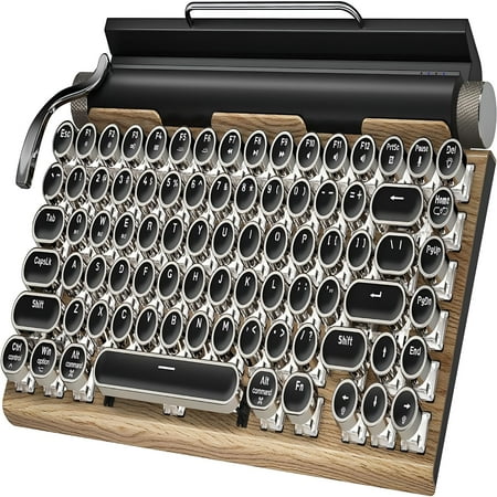 GJX 83-Key Typewriter Keyboard Retro Style Wireless Bluetooth Keyboard Classical Punk Round Keys LED Backlight Mechanical Keyboard for Mac/Tablet/PC Wood Color