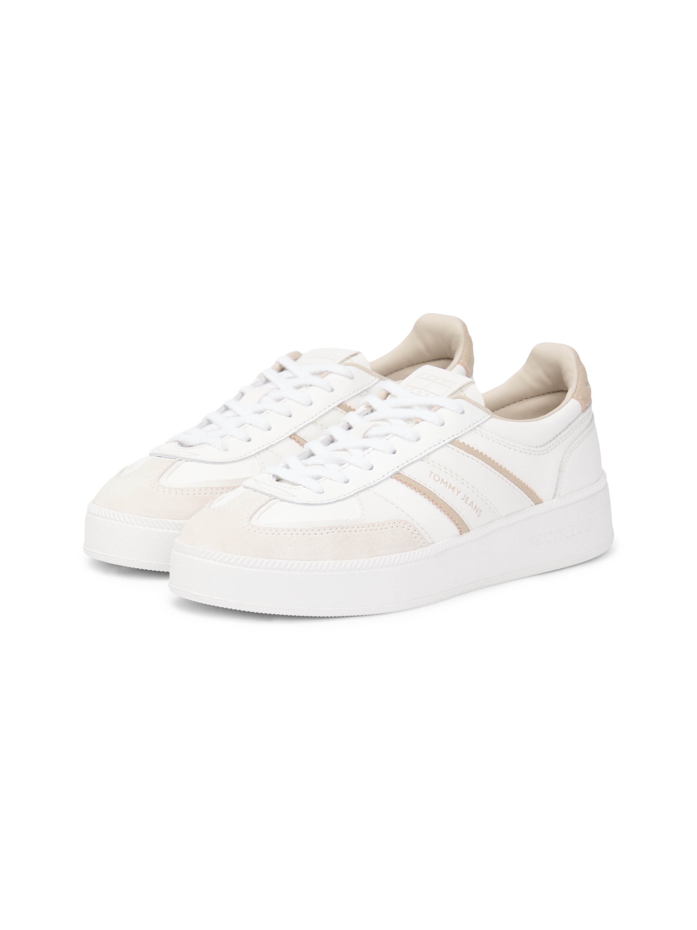 Plateausneaker TOMMY JEANS "THE GREENWICH EDGE FLATFORM", Damen, Gr. 42, beige, hellbraun, Leder, Lederimitat, Veloursleder, Schuhe Plateausneaker, Freizeitschuh, Halbschuh, Schnürschuh mit Logoschriftzug