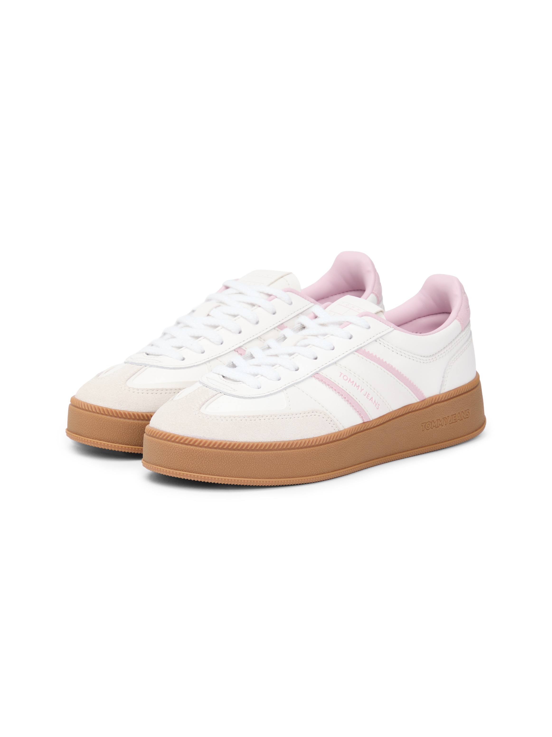 Plateausneaker TOMMY JEANS "THE GREENWICH EDGE FLATFORM", Damen, Gr. 41, ecru, rose, Leder, Lederimitat, Veloursleder, Schuhe Plateausneaker