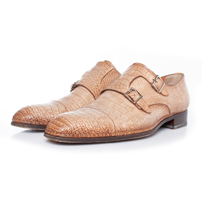 Santoni Double Monk Strap Schuh in braunem Alligatorleder Image