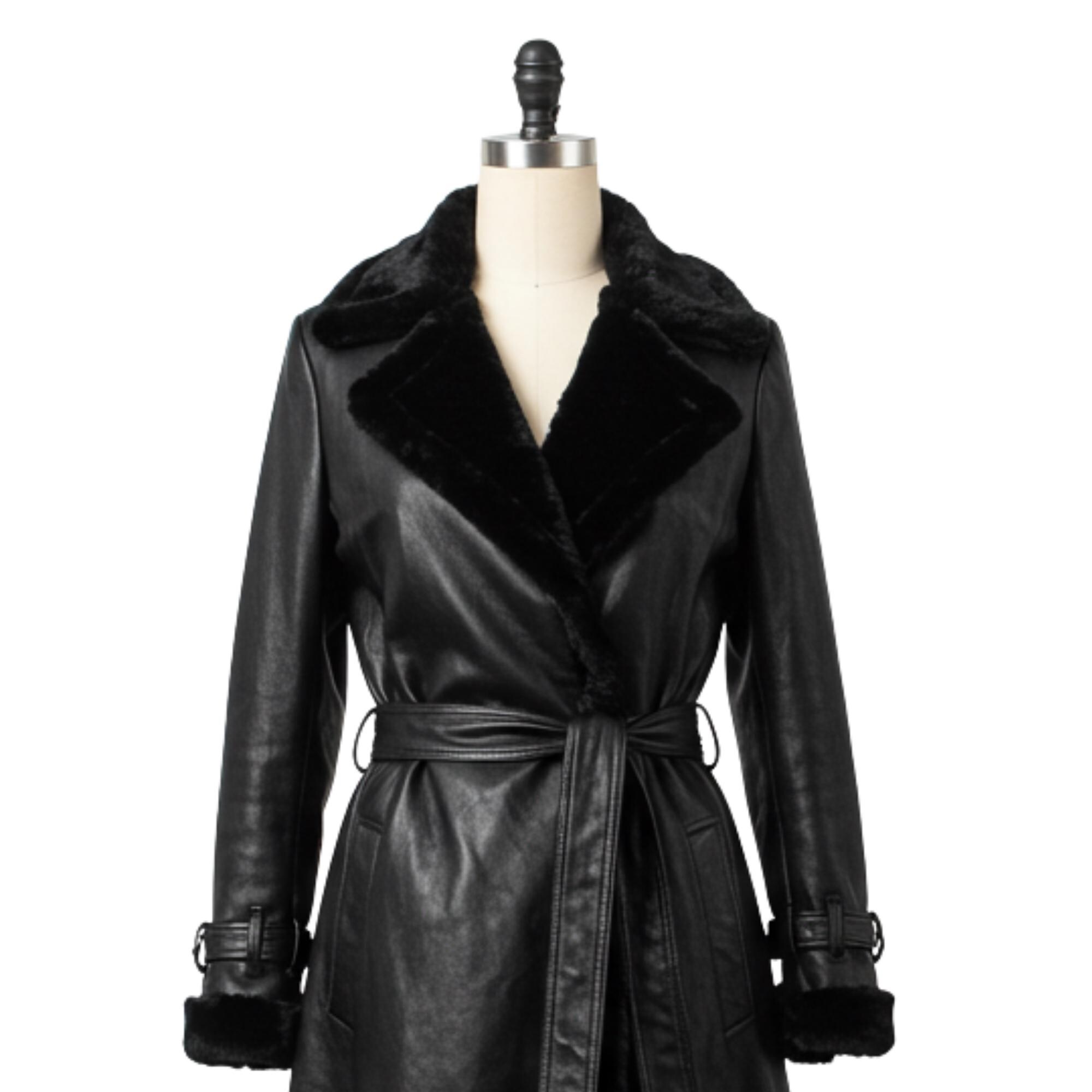 Trench in pelle di pecora da donna / Trench nero lungo foderato in pelliccia / Cappotto in pelle vintage anni '90 / Regalo personalizzato per lei / Ca