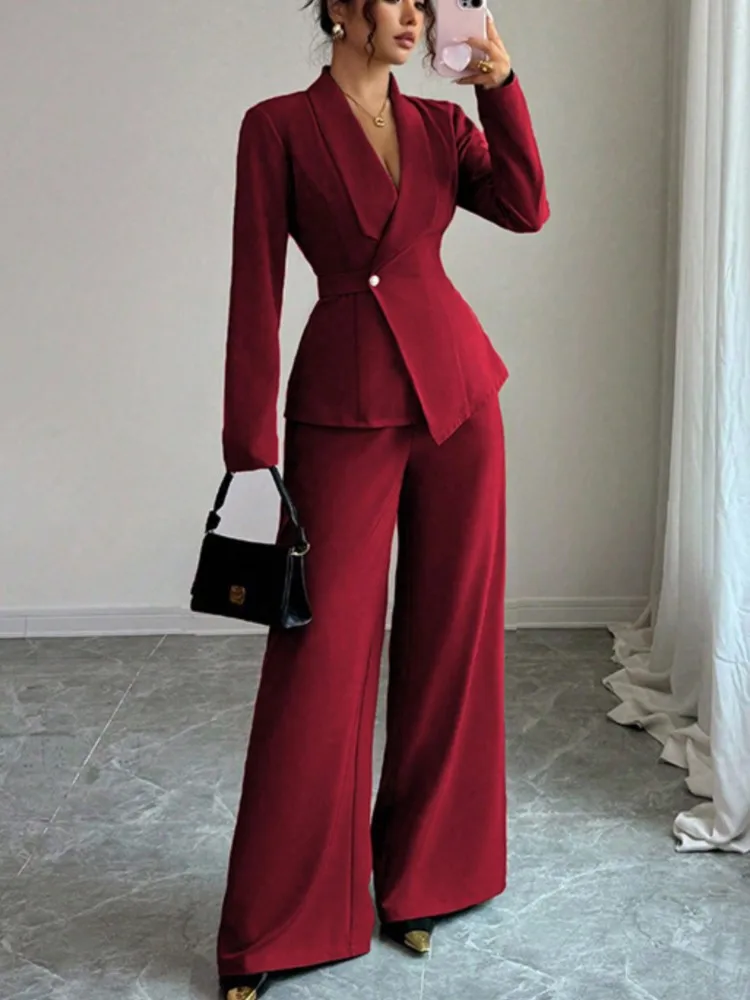Blazer da donna elegante da ufficio autunnale Set da due pezzi Giacca invernale slim a maniche lunghe tinta unita e pantaloni a gamba larga Set tailleur pantalone da lavoro