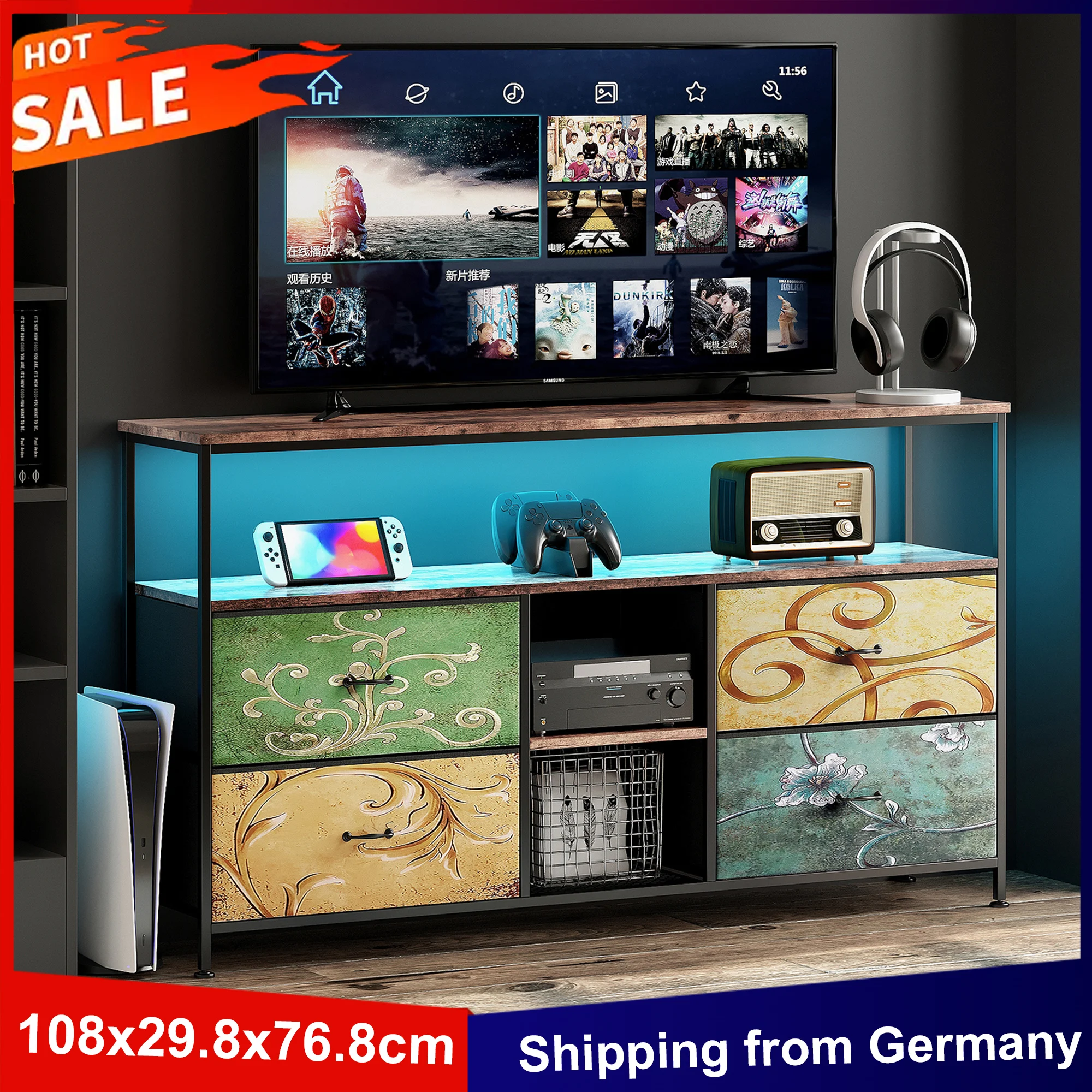 Anajqaqia LED-TV-Schrank 108 x 29,8 x 76,8 cm, TV-Tisch mit 4 Schubladen und 3 offenen Fächern, TV-Ständer-Schrank für Wohnzimmer und Schlafzimmer