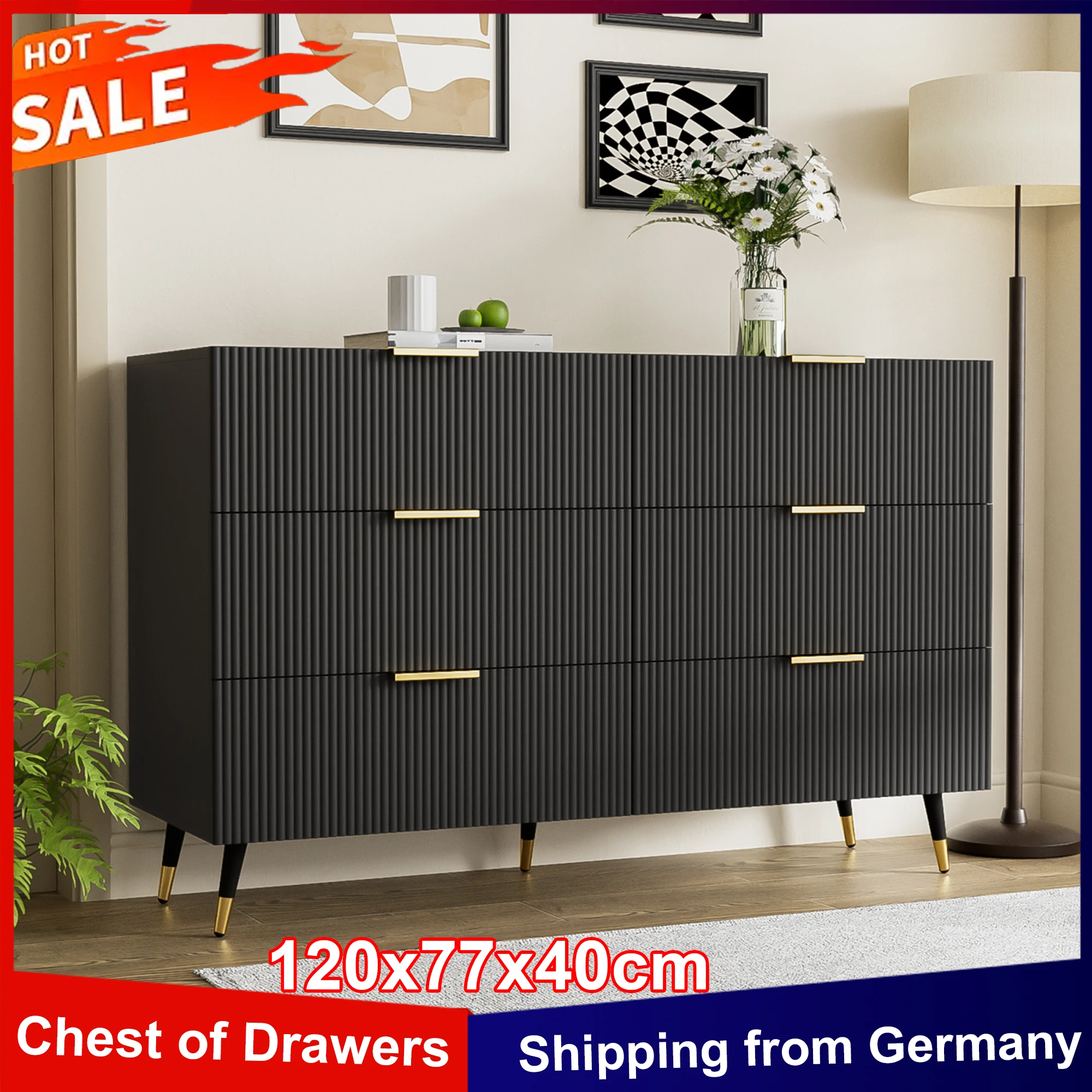 Anajqaqia 120 x 77 x 40 cm modernes Sideboard mit 6 Schubladen, Kommode, Aufbewahrungsschrank für Wohnzimmer, Esszimmer, Schlafzimmer, Schwarz Image