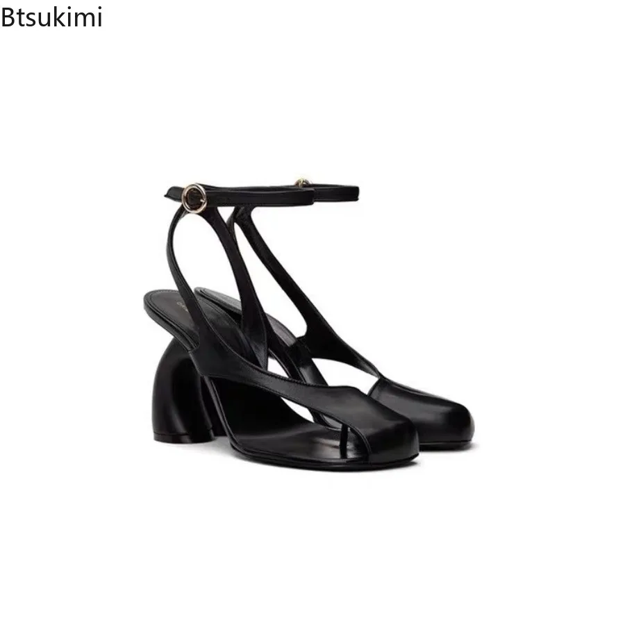 Neue 2026 Sommer Mode Damen Sandalen mit ungewöhnlichem Absatz, Knöchelriemen, geteilter Zehenpartie, hohe Absätze für Damen, einfarbig, bequeme Sandalen Image