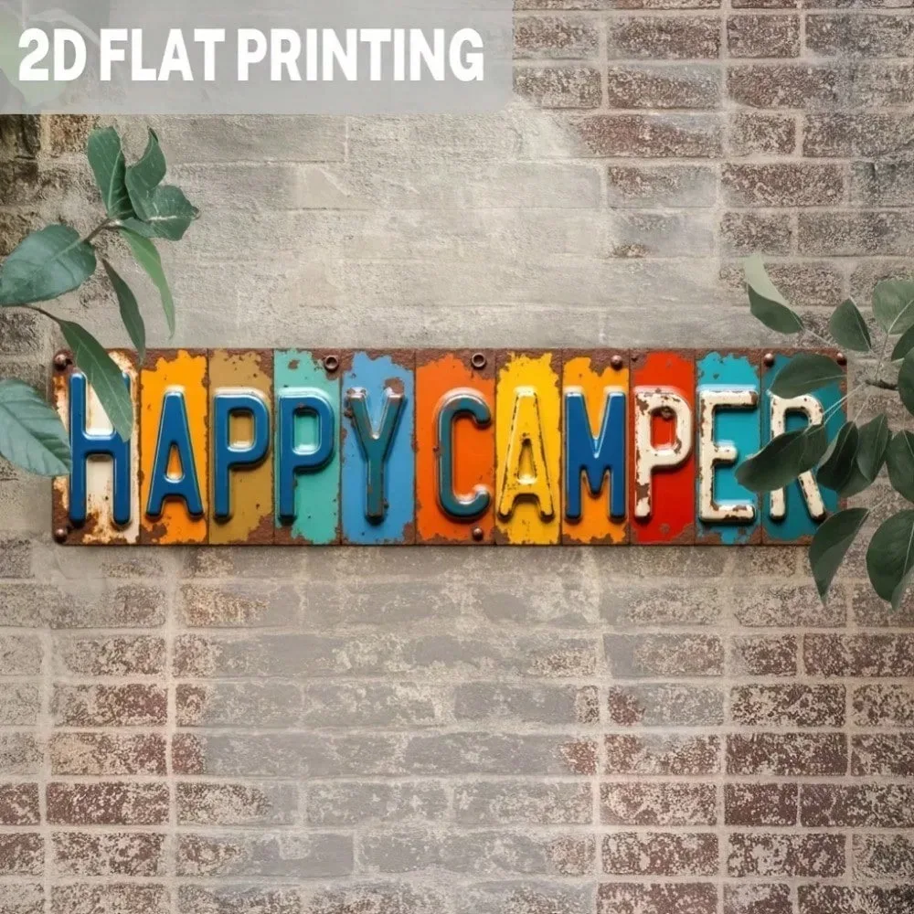 Metallschild „Happy Camper“ – rustikales Camping-Dekor, 9,9 x 39,9 cm, 1 Stück, Distressed-Schriftzug, 2D, flach, für Wohnmobile, Männerhöhle, drinnen und draußen, Kunst