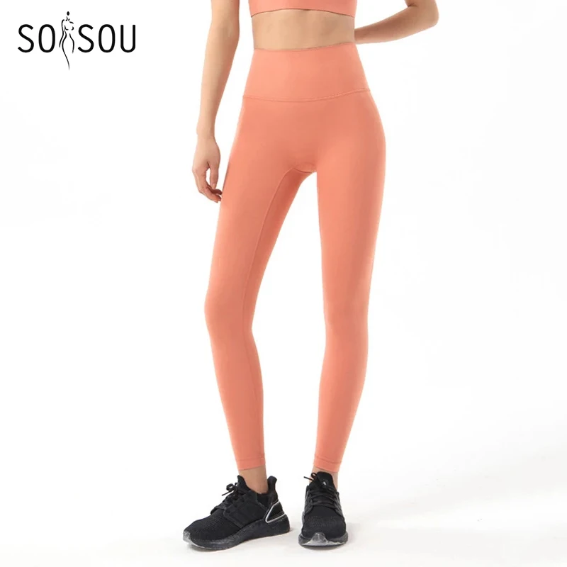 SOISOU Nylon Yoga pantaloni palestra Leggings donna ragazza Fitness collant morbidi vita alta elastico traspirante No T Line pantaloni sportivi