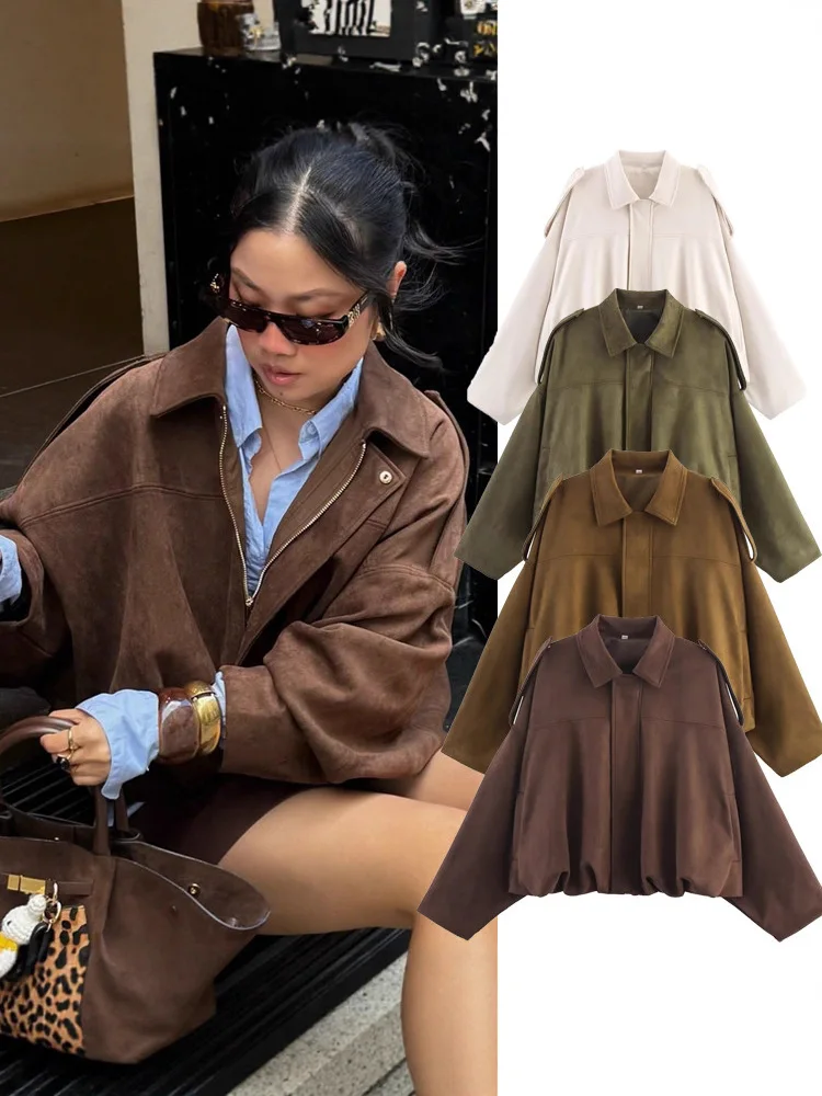 Vintage Frauen Grün Oversize Bomber Jacken 2025, Mode Damen Elegante Lose Weiche Outfits Jacke für Party Weibliche Chic Kleidung