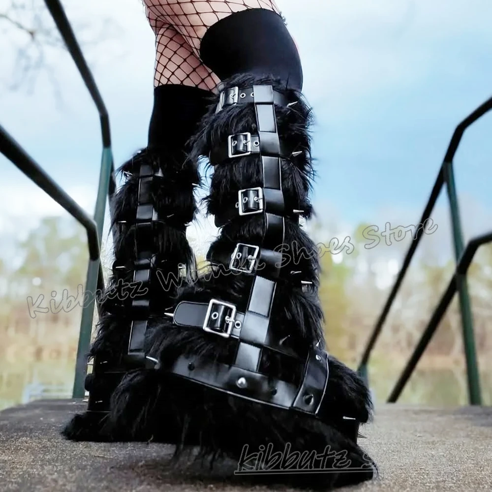 Pelzige kniehohe Stiefel mit Nieten, Gothic-Gürtelschnalle, runder Zehenbereich, flach mit Leder, einfarbig, Neuheit, sexy, prägnante Mode-Damenschuhe