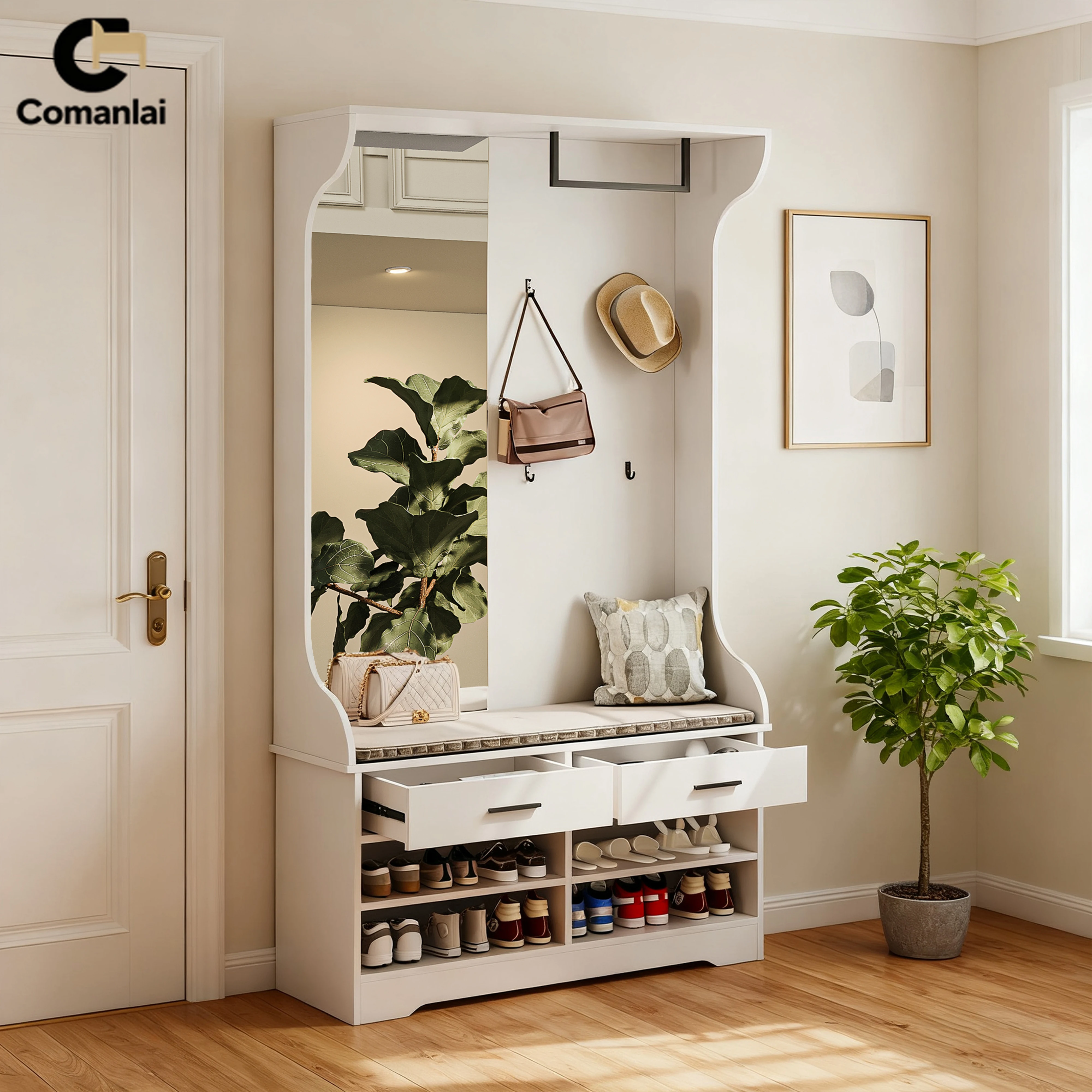 Comanlai 6-in-1-Kleiderschrank-Set mit Spiegel, Schuhbank, 2 Schubladen, 4 Haken, 4 offener Aufbewahrungsschrank und Kleiderstange, Garderobenständer, weiß