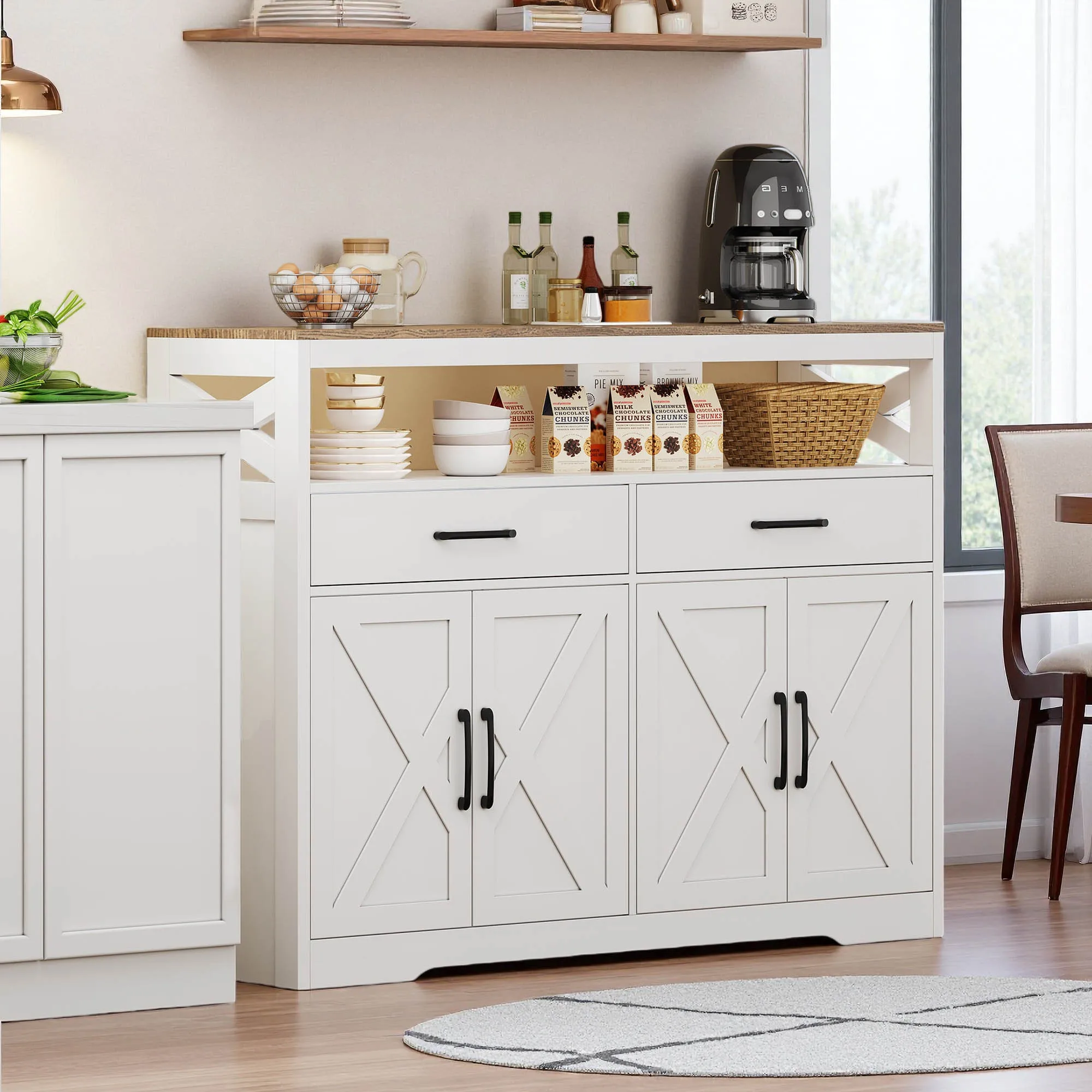 Comanlai skandinavisches modernes Sideboard aus Holz mit Schubladen und offenem Regal, Aufbewahrungsorganisator für die Küche im Eingangsbereich