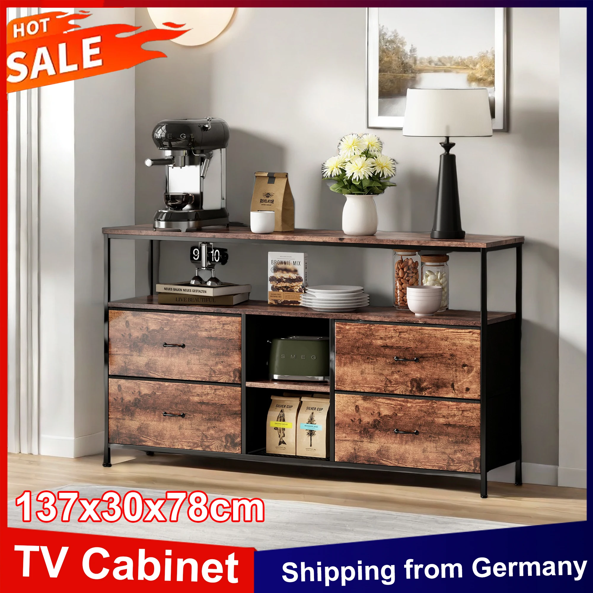 Anajqaqia 137 x 30 x 78 cm TV-Schrank mit 4 Schubladen und LED, TV-Lowboard, TV-Ständer, 3 offenen Fächer, Sideboard für Wohnzimmer, Schlafzimmer