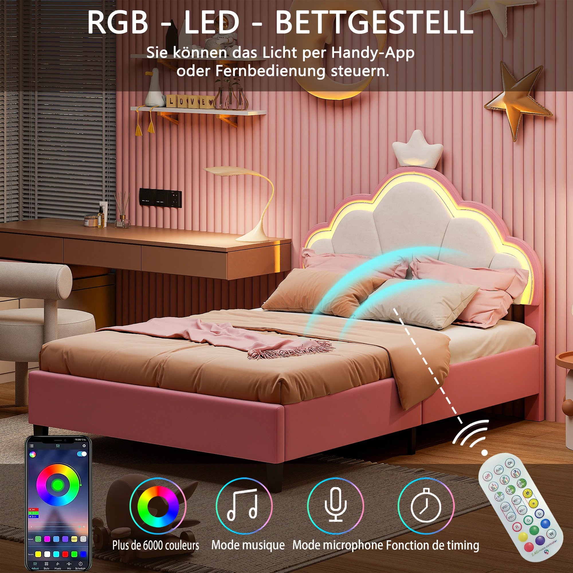 Rosahqnda Mädchenbett 90-140*200cm mit LED, verstellbares Kopfteil, Einzelbett, Doppelbett, Prinzessinnenbett, Jugendbett, Kinderbett, Samt