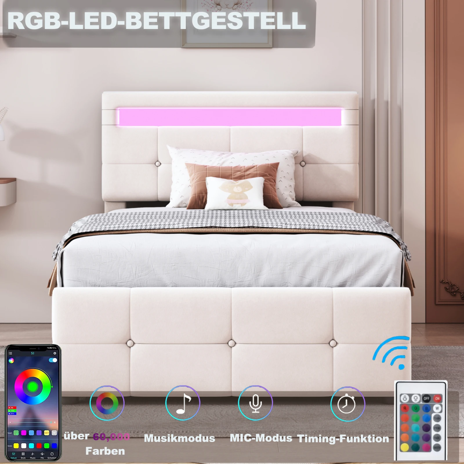 Rosahqnda Gepolstertes Kinderbett 90x200 cm mit LED-Beleuchtung, hydraulischer Stauraum, höhenverstellbares Kopfteil, Samtstoff