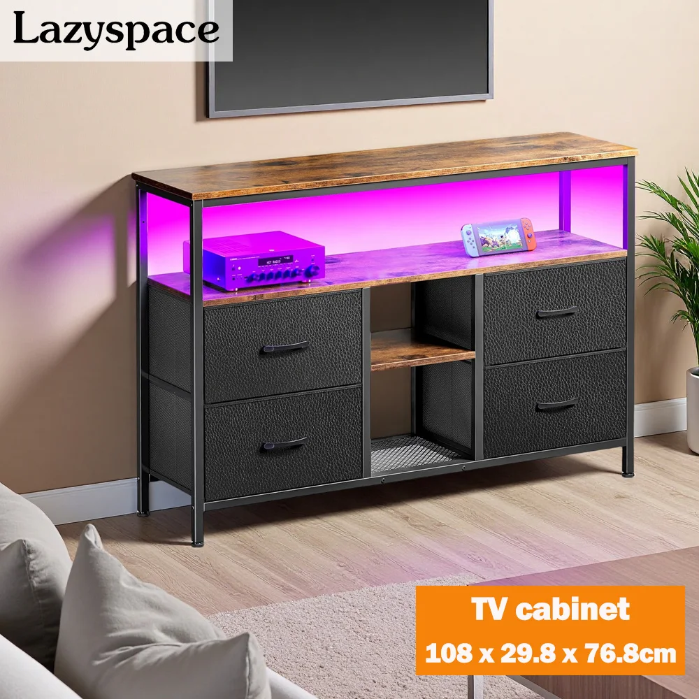 Comanlai TV Cabinet with LED Lighting and 4 Drawers Made of Fabric,Retro TV Stands 108cm,TV Lowboard for Living Room, Bedroom