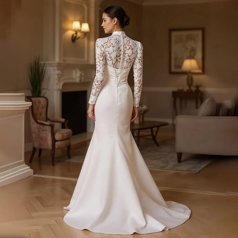 Sexy Lace Top Long Sleeves Mermaid Wedding Dress with Sweep Train Customized Back Corset Bridal Gown for Women