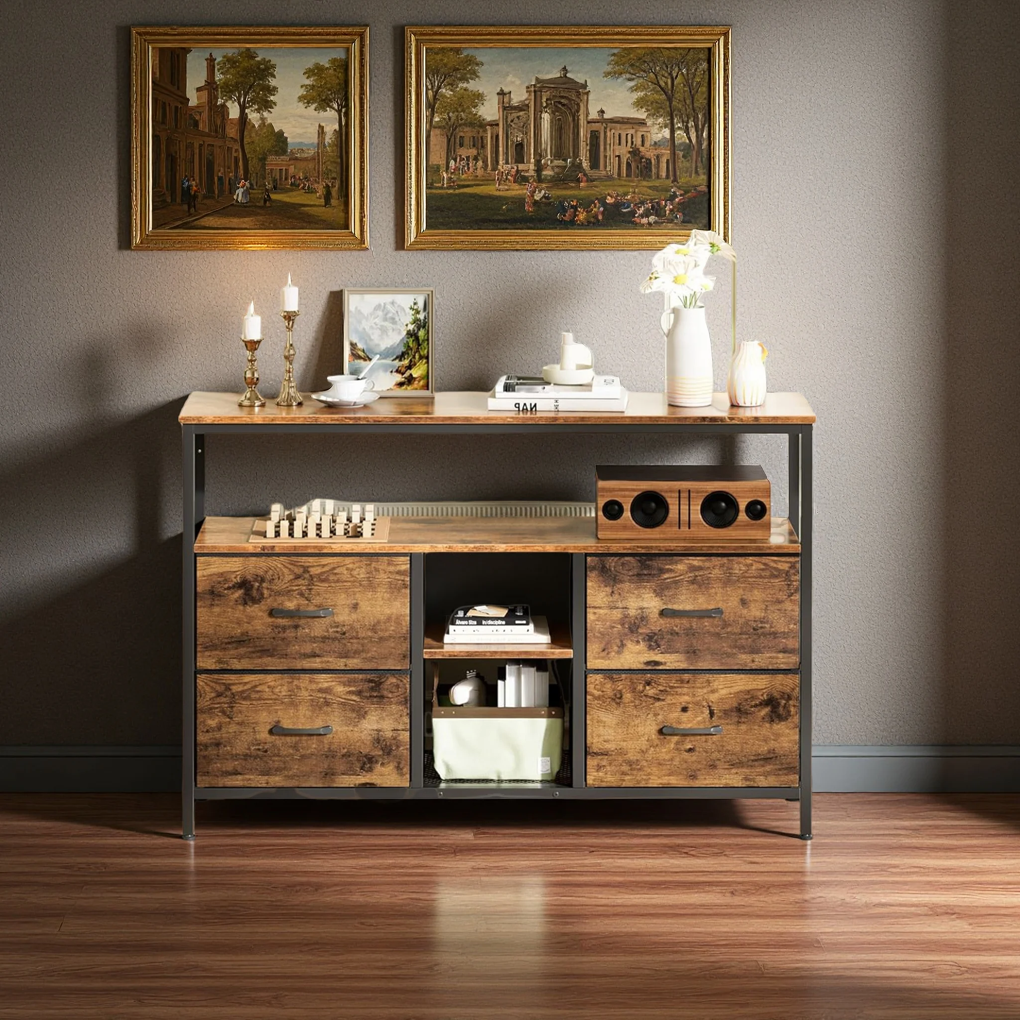 Rosahqnda TV-Ständer mit 4 Schubladen, TV-Schrank, verstellbare Regale, TV-Tisch, TV-Schrank, Wohnzimmermöbel