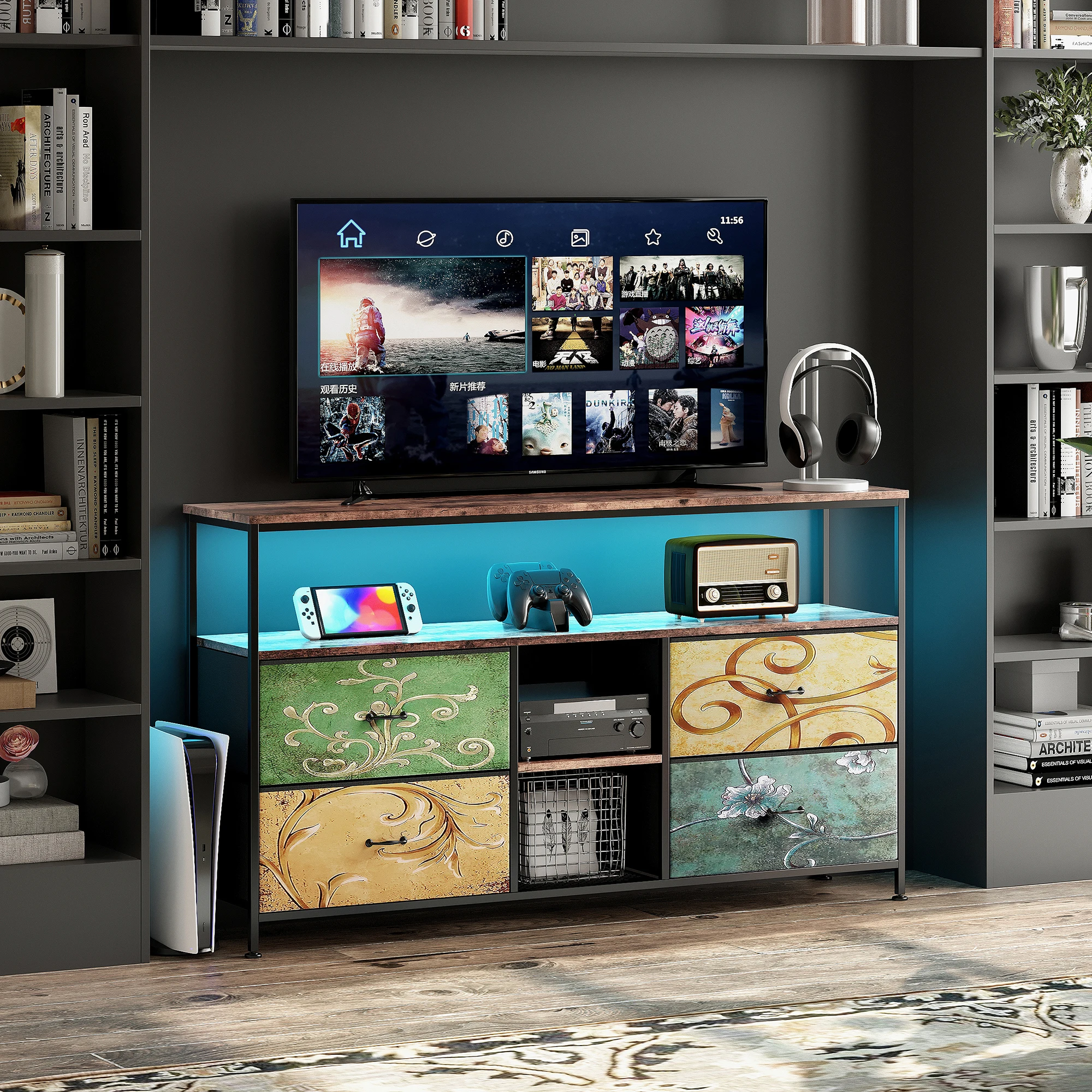 Anajqaqia 137 x 30 x 78 cm Moderne TV-Ständer, TV-Schrank, TV-Schrank im Schubladenstil, mit LED-Leuchten und 4 Schubladen, farbiger Stoff