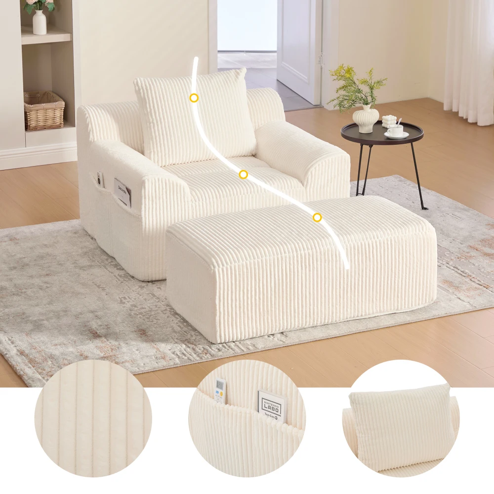 Moderner, übergroßer Sofasitz mit Leiterstangen, Cordsamt-Lesestuhl mit Seitentaschen und Kissen, moderner gepolsterter Sessel