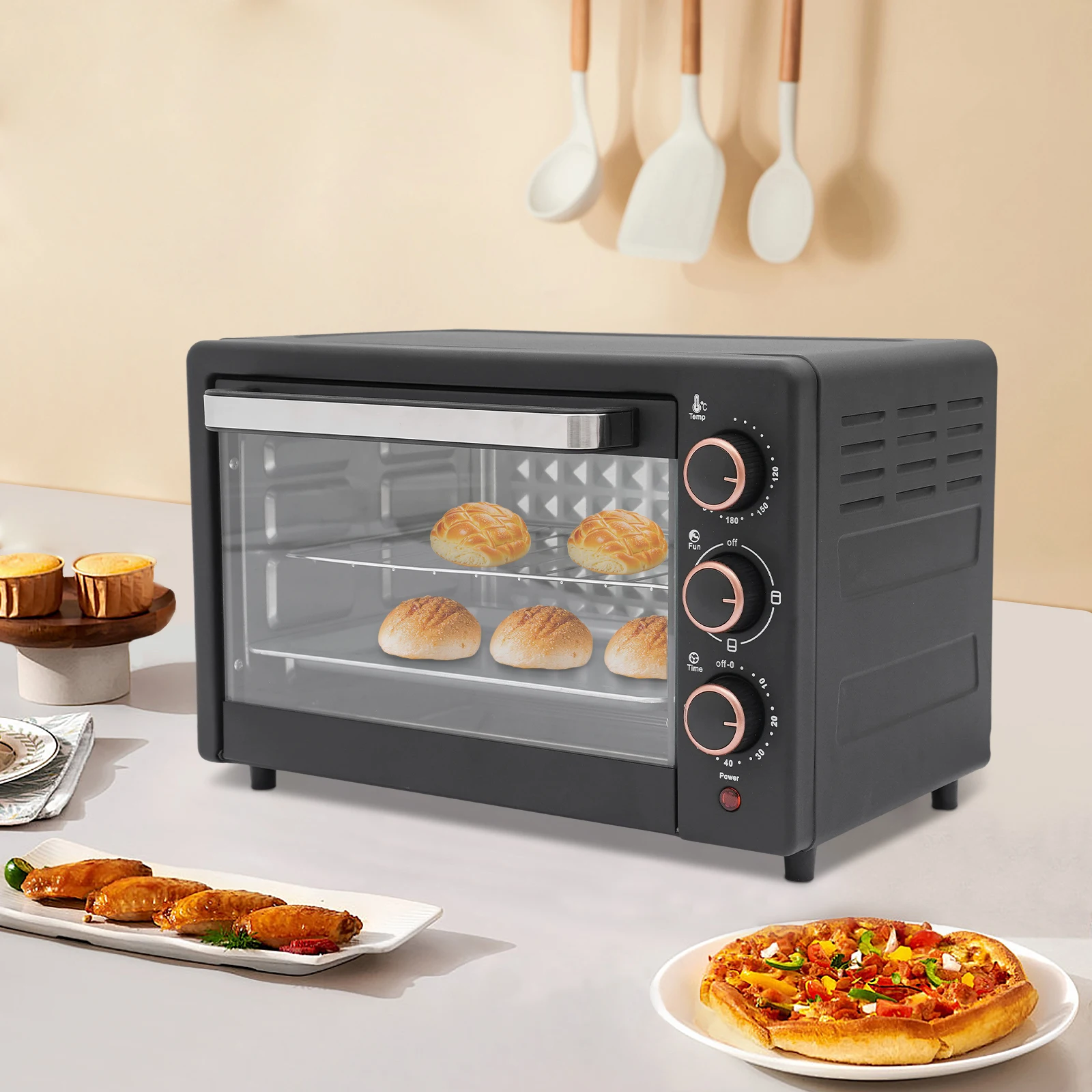 Elektrischer Ofen, 22 l, Mini-Ofen mit Timer, 1000 W Arbeitsplattenofen mit einstellbarer Temperatur, 4 Heizelemente Image