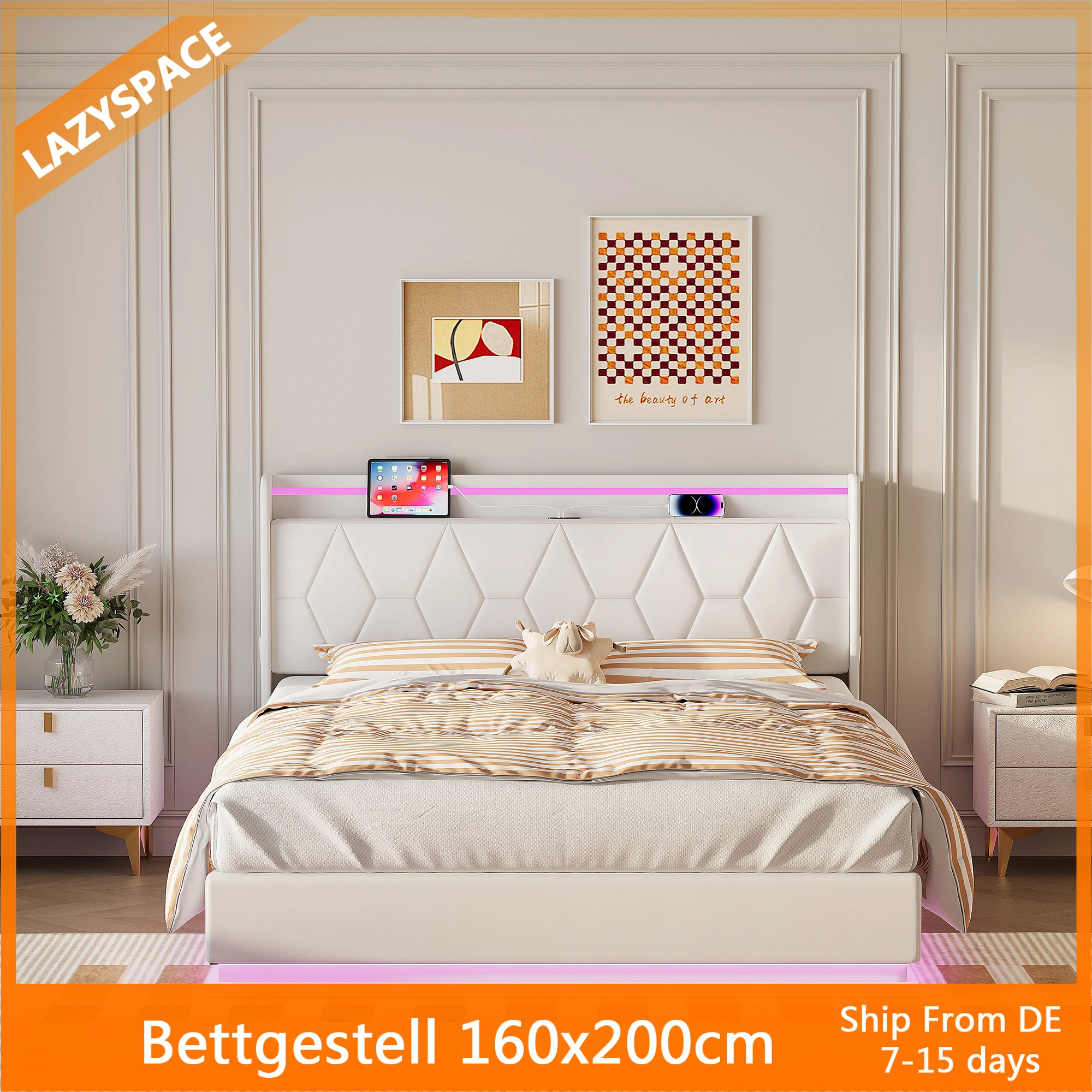 Comanlai Polsterbett 160 x 200 cm mit Stauraum, LED-Kopfteil mit USB-Anschlüssen, Bettgestell mit Lattenrost, Jugendbett