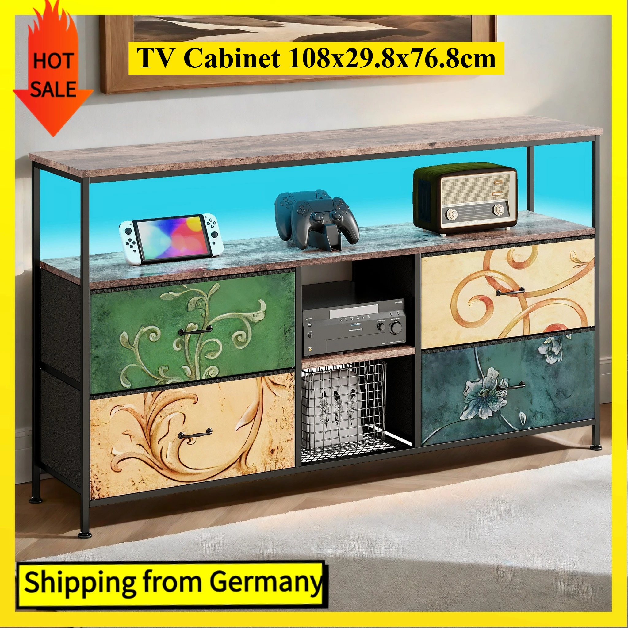 Comanlai 108 cm Retro-TV-Schrank mit 4 Stoffschubladen und offenen Fächern, TV-Ständer für Wohnzimmer, Schrank 108 x 29,8 x 76,8 cm