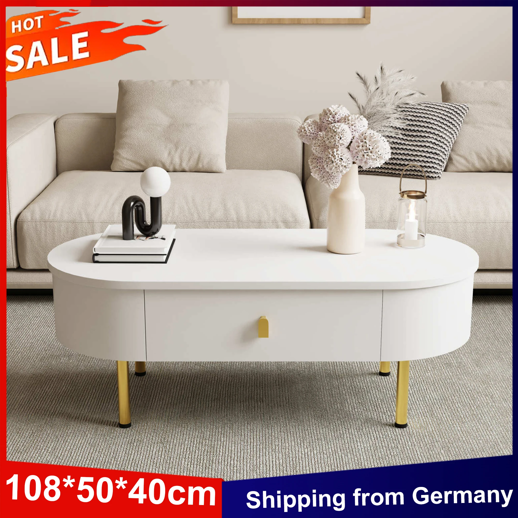 Anajqaqia 108 x 50 x 40 cm Couchtisch mit 2 Schubladen, Wohnzimmertisch, ovaler Beistelltisch, Sofatisch mit goldenen Griffen und Beinen, Weiß