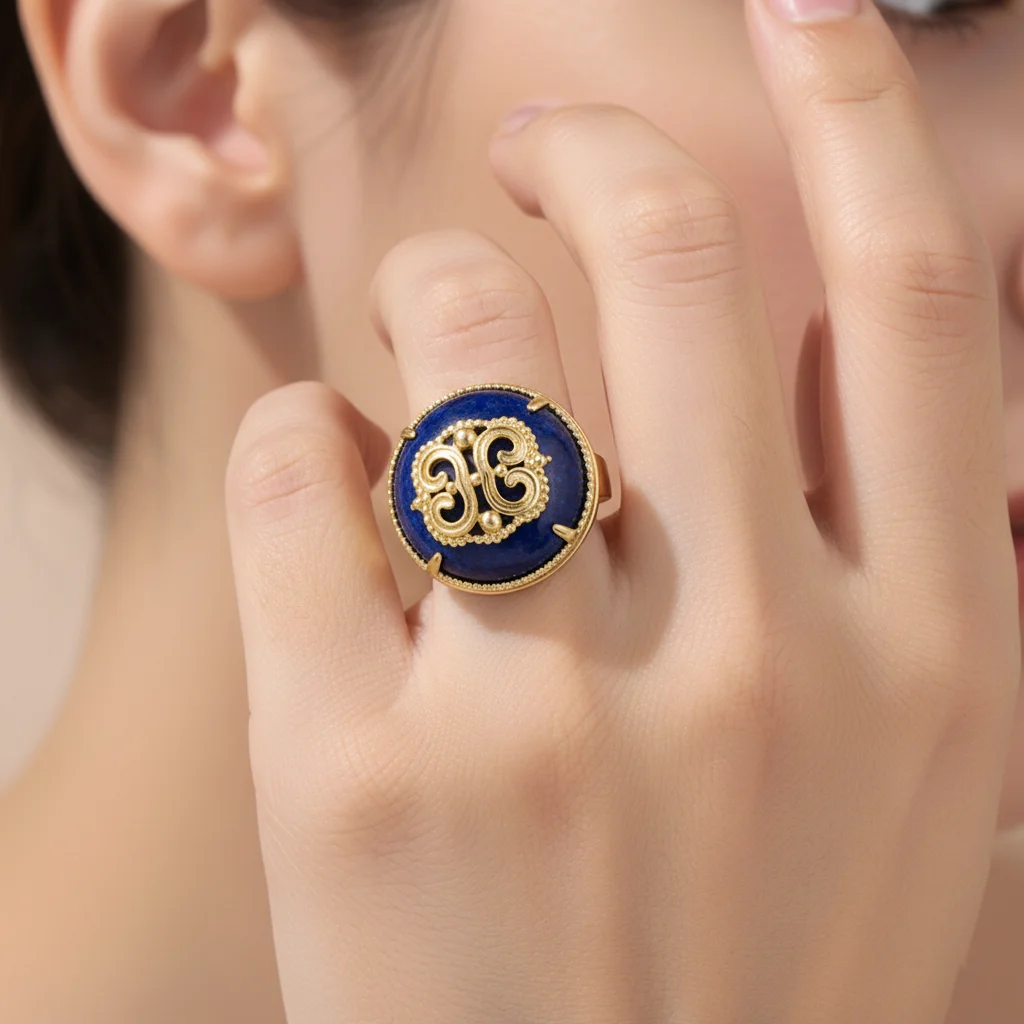 Vintage Gold Farbe Lapislazuli Großer runder Ring für Frauen Verstellbarer offener Ring Exquisiter Barockstil Schmuck Geschenk Image