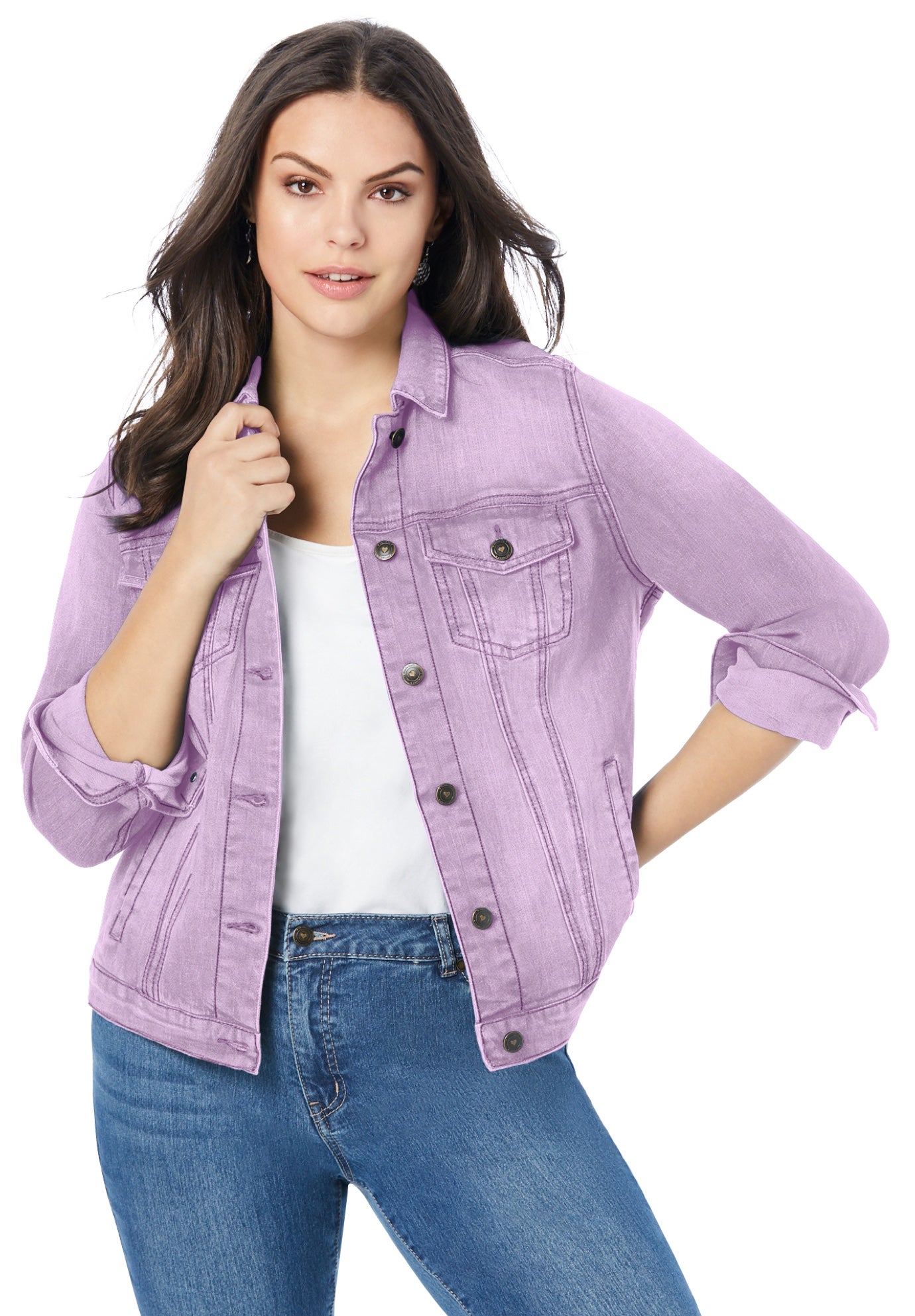 Plus Size Women's Plus Size Classic Stretch Denim Jacket by Roaman's in Pale Lavender (Size 40 W)
