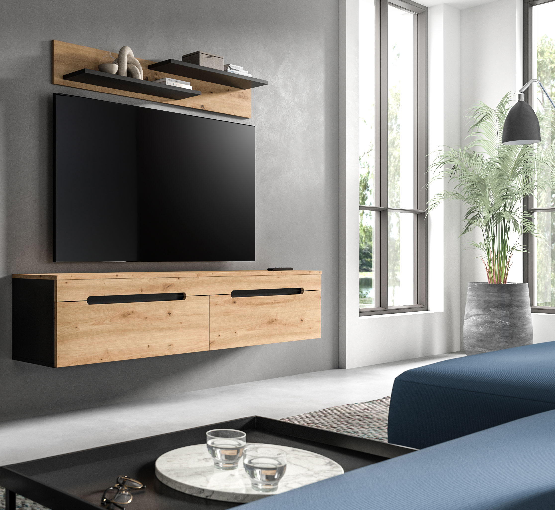 Wohnwand INOSIGN "REHAT, TOPSELLER, 2-teilig, wahlweise stehend und hängend montierbar", basalt grau, artisan nb, B:170cm H:38cm T:33cm, Spanplatte, Kastenmöbel-Sets, Wohnwand, Kombination, Anbauwand, Set, Wohn-Set, Wohnzimmer-Set, Schrankwand