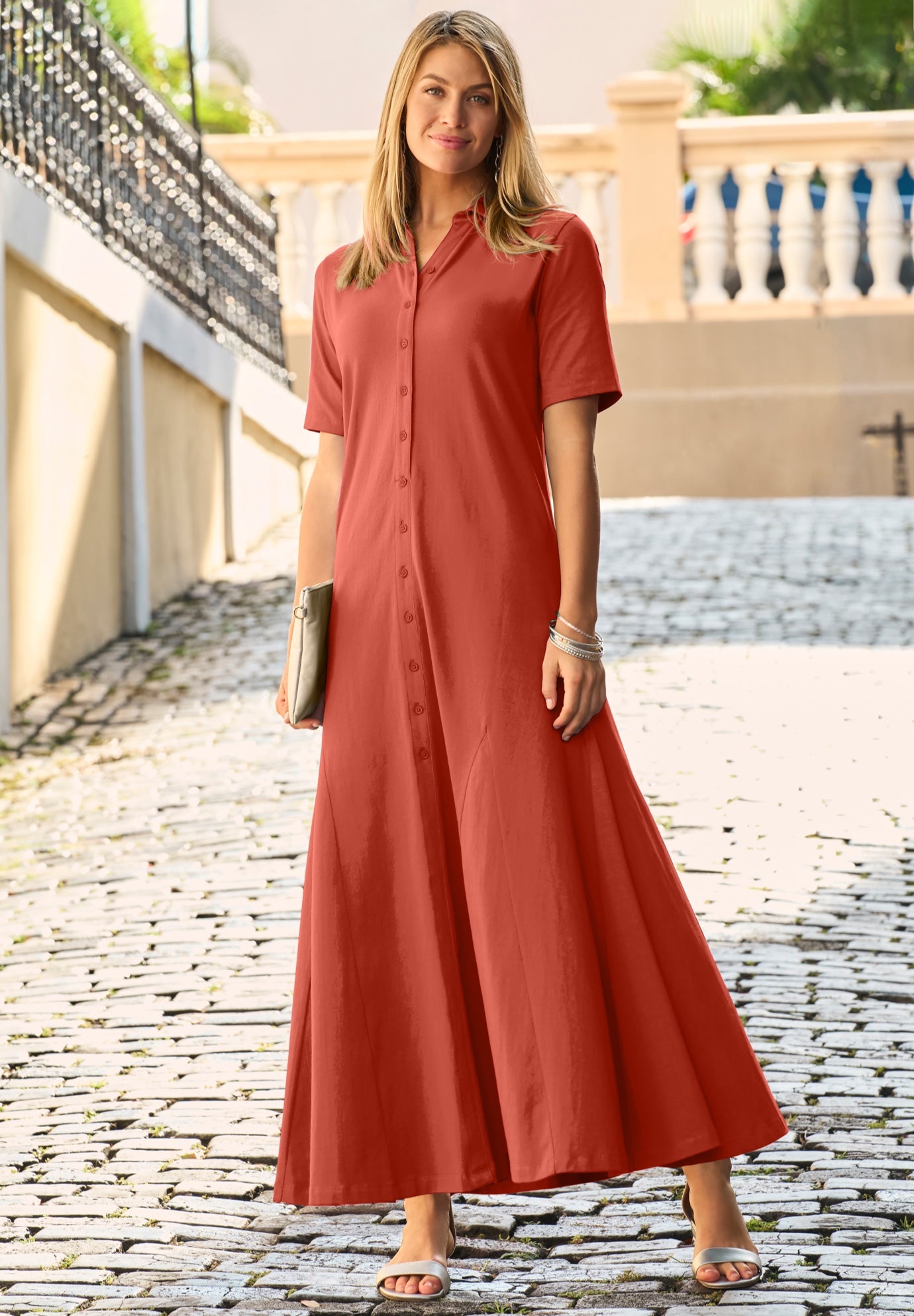 Plus Size Women's Stretch Cotton Button Front Maxi Dress by Jessica London in Burnt Red (Size 26 W)