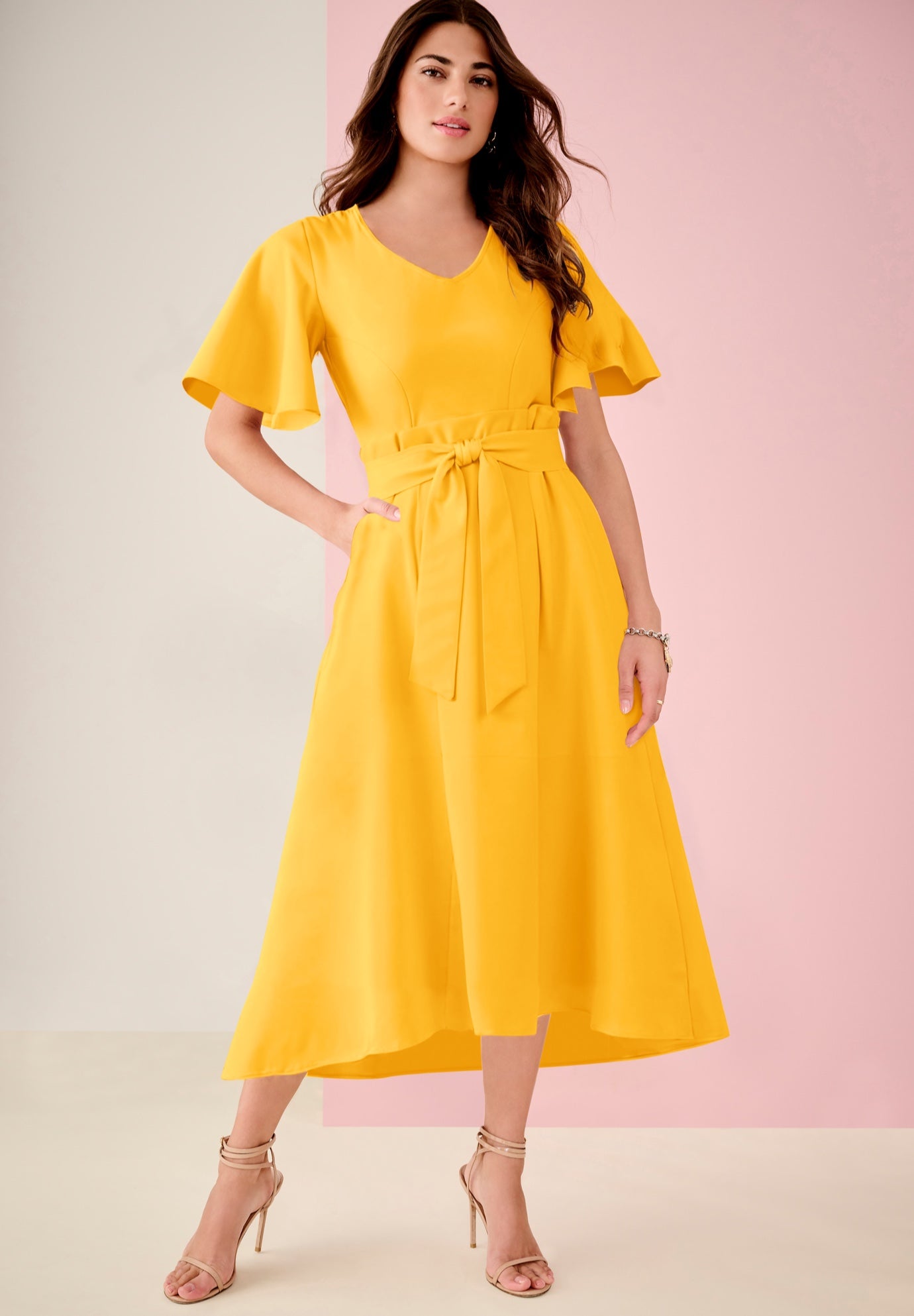 Plus Size Women's Plus Size Flutter Sleeve V-Neck Fit and Flare Bi-stretch Maxi Dress by Roaman's in Sunset Yellow (Size 18 W)