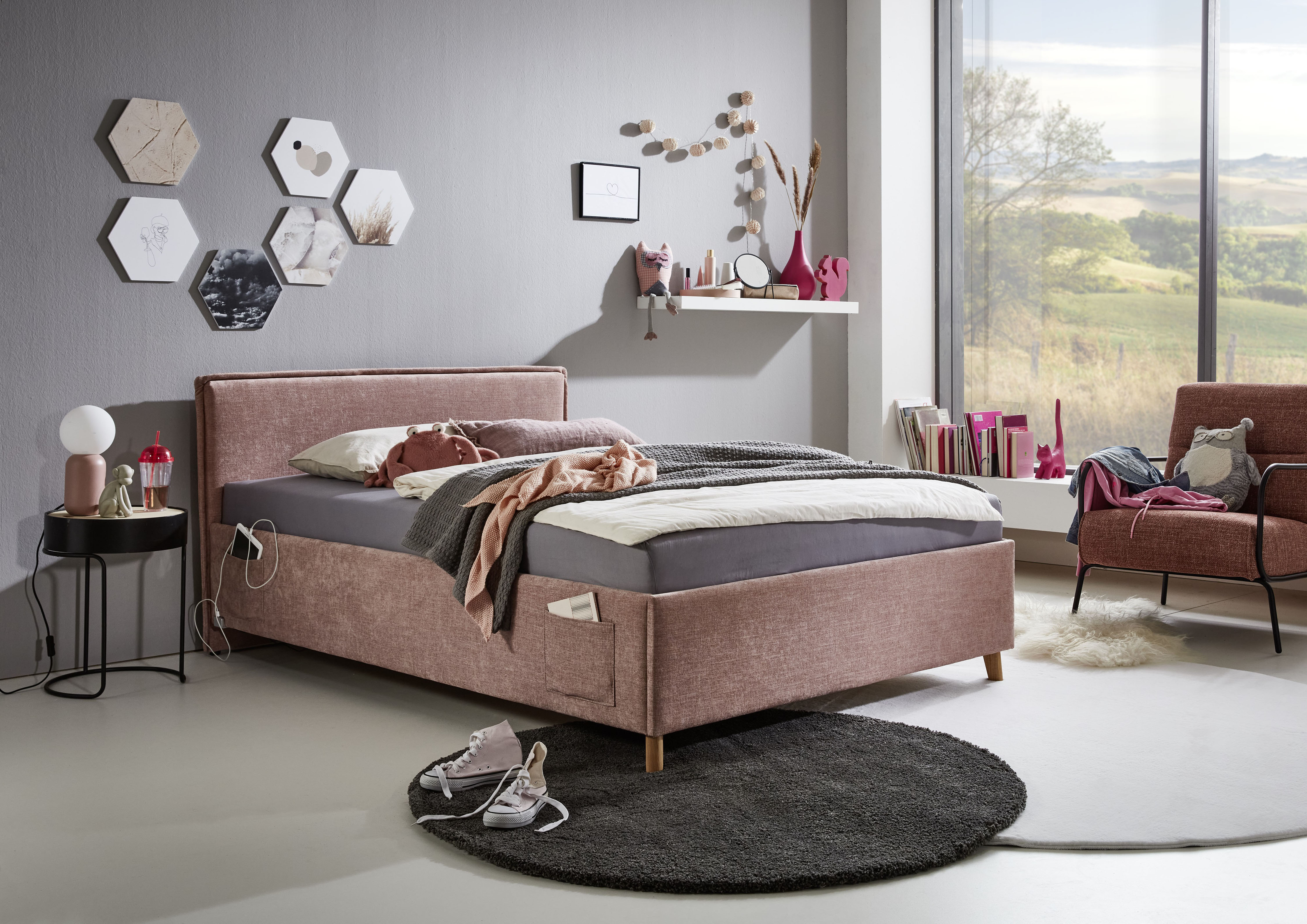 Kinderbett MEISE.MÖBEL "FUN", rosa (rose, rose), B:133cm L:215cm, Betten, Kinderbett, Polsterbett wahlweise mit Bettkasten, Jugendbett inkl. USB-Anschluss