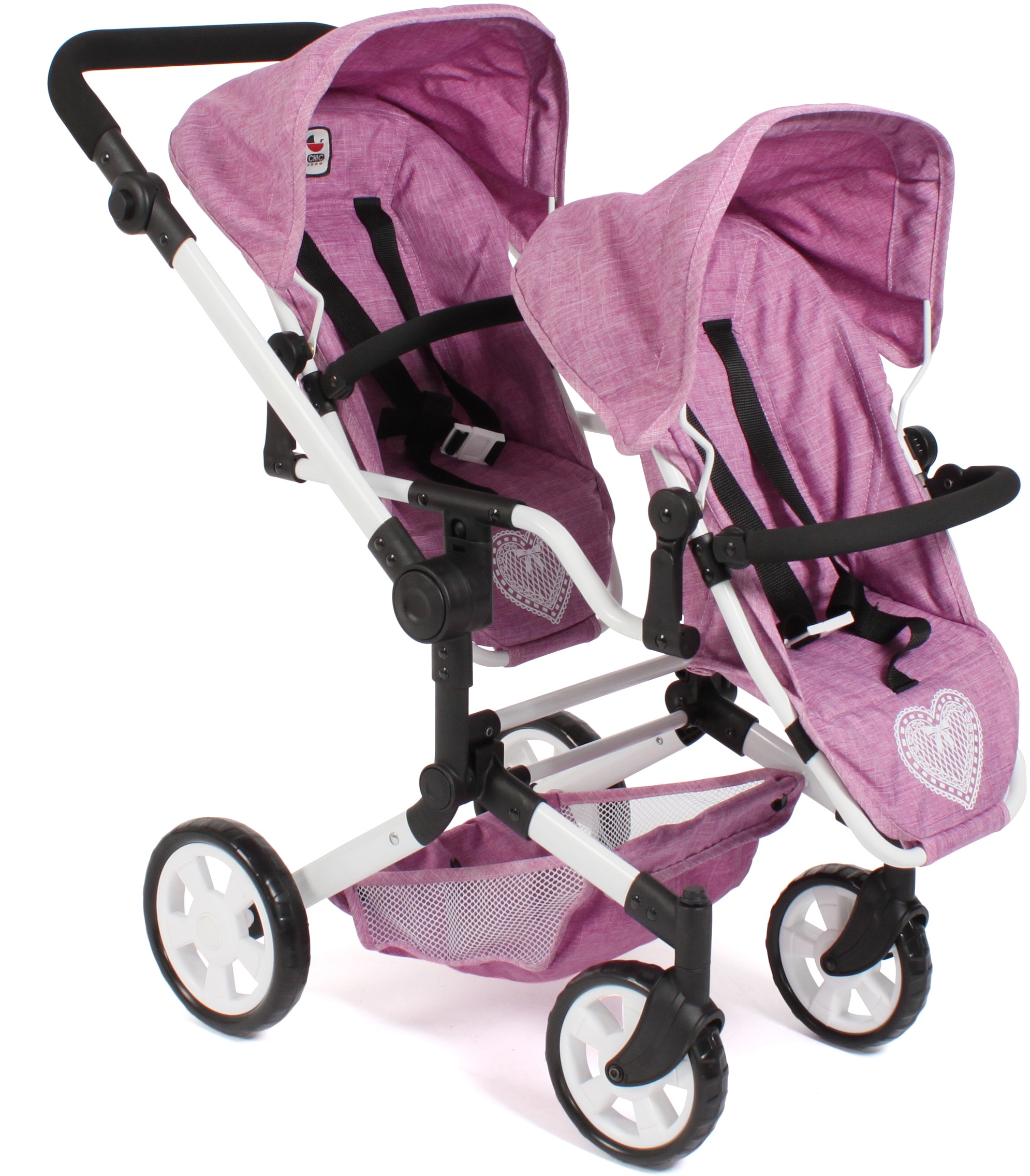 Puppen-Zwillingsbuggy CHIC2000 "Linus Duo", rosa (jeans pink), Puppenwagen, KinderB:80cm H:79cm T:80cm, Kunststoff, Polyester, Stahl, mit zwei abnehmbaren, bis in Liegeposition verstellbaren Sportsitzen, B:80cm H:79cm T:80cm
