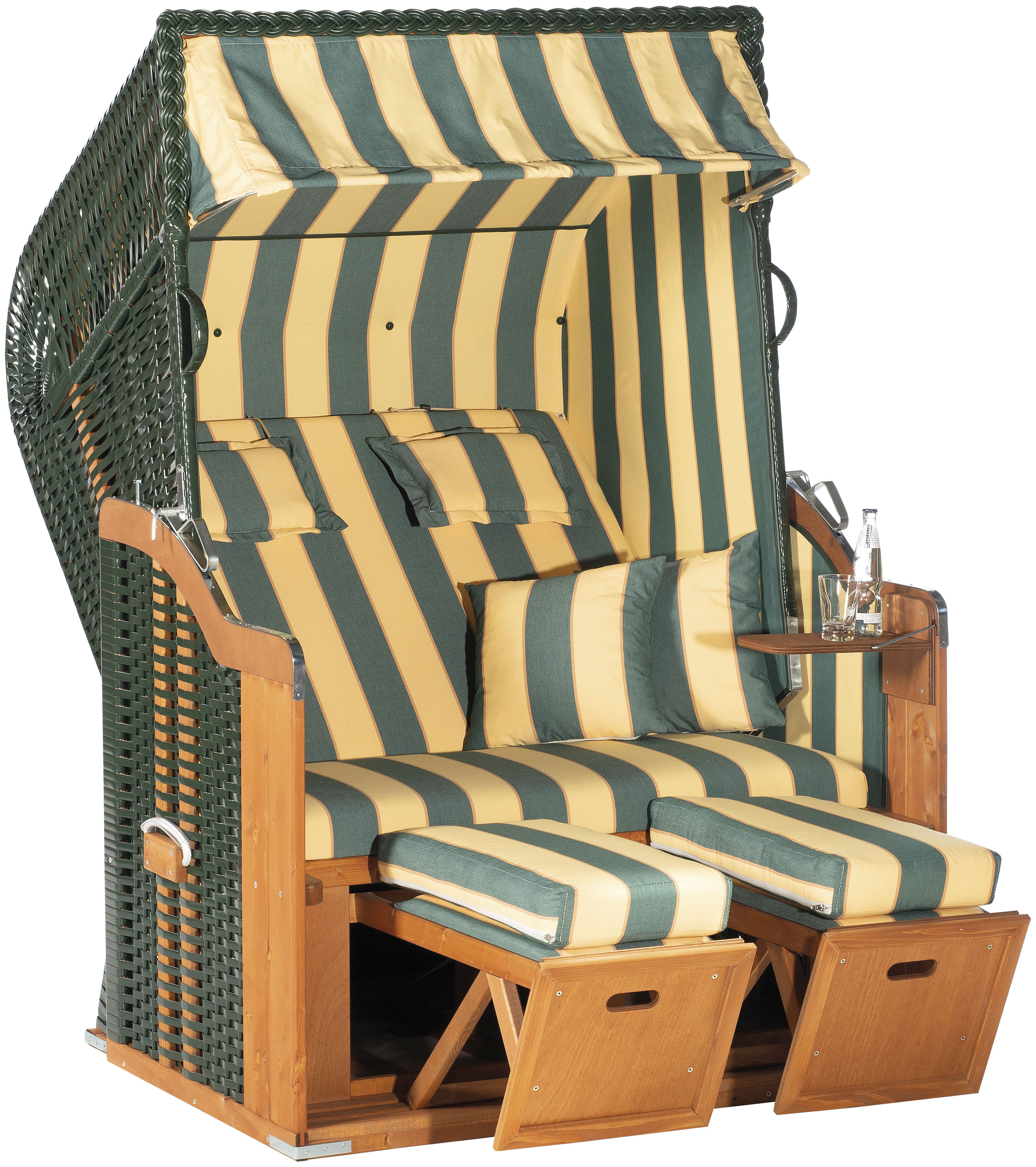 Strandkorb SUNNYSMART "Rustikal 250 Plus, TOPSELLER", grün (korpus: natur, grün bezug: gelb, grün), B:125cm H:160cm T:90cm, Strandkörbe, 2-Sitzer, komplett montiert, Oberkorb in einem Stück geflochten